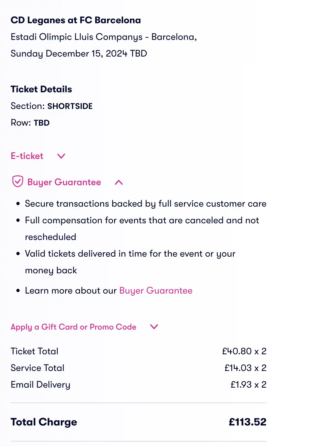 screenshot of the ticket fees