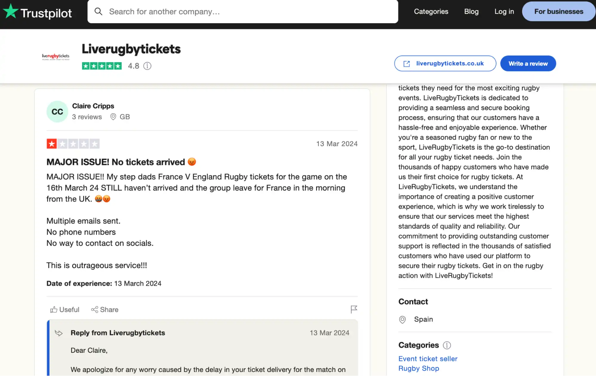 screenshot of negative liveregbytickes' reviews on the Trustpilot