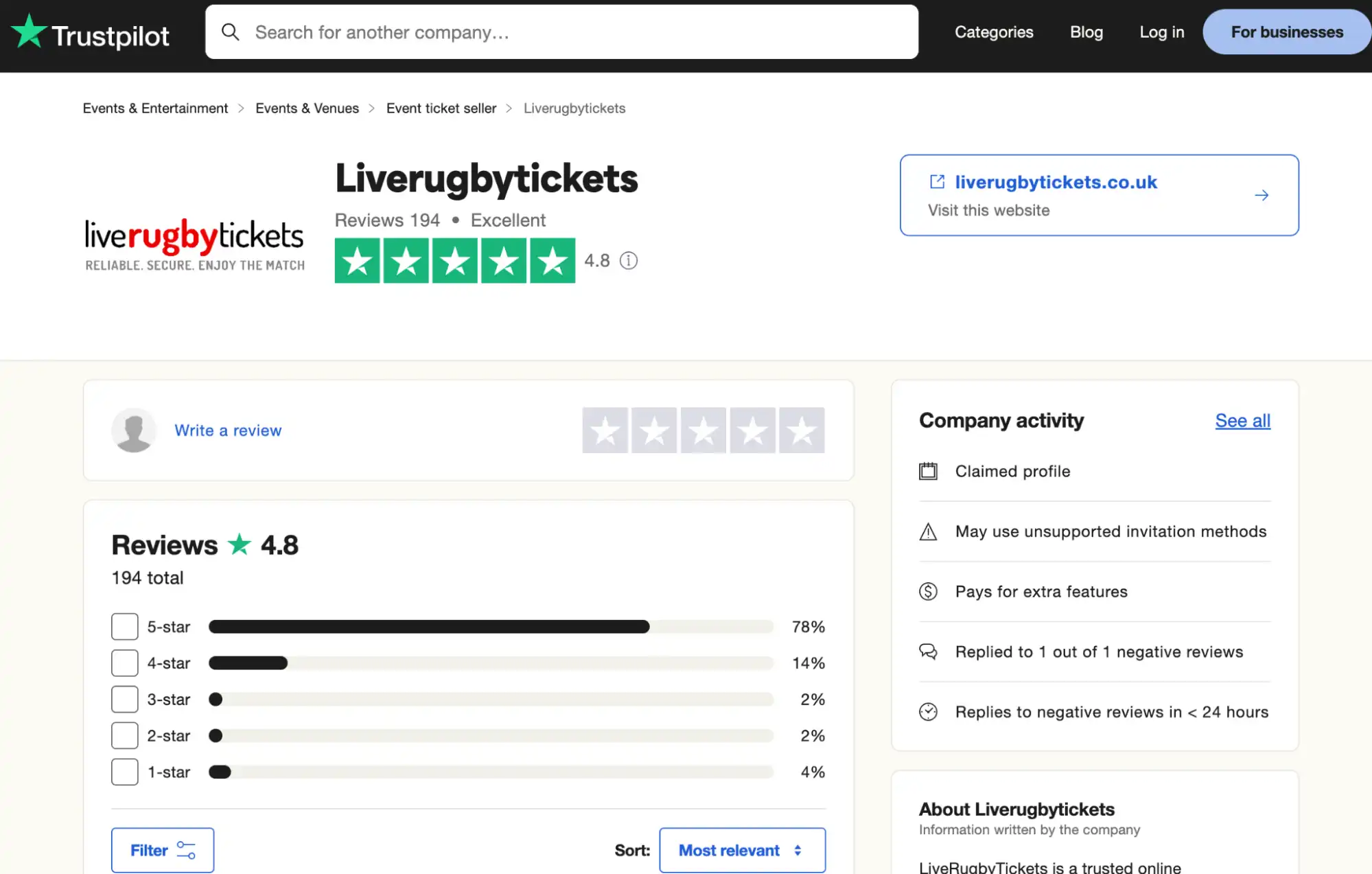 screenshot of liveregbytickes' reviews on the Trustpilot