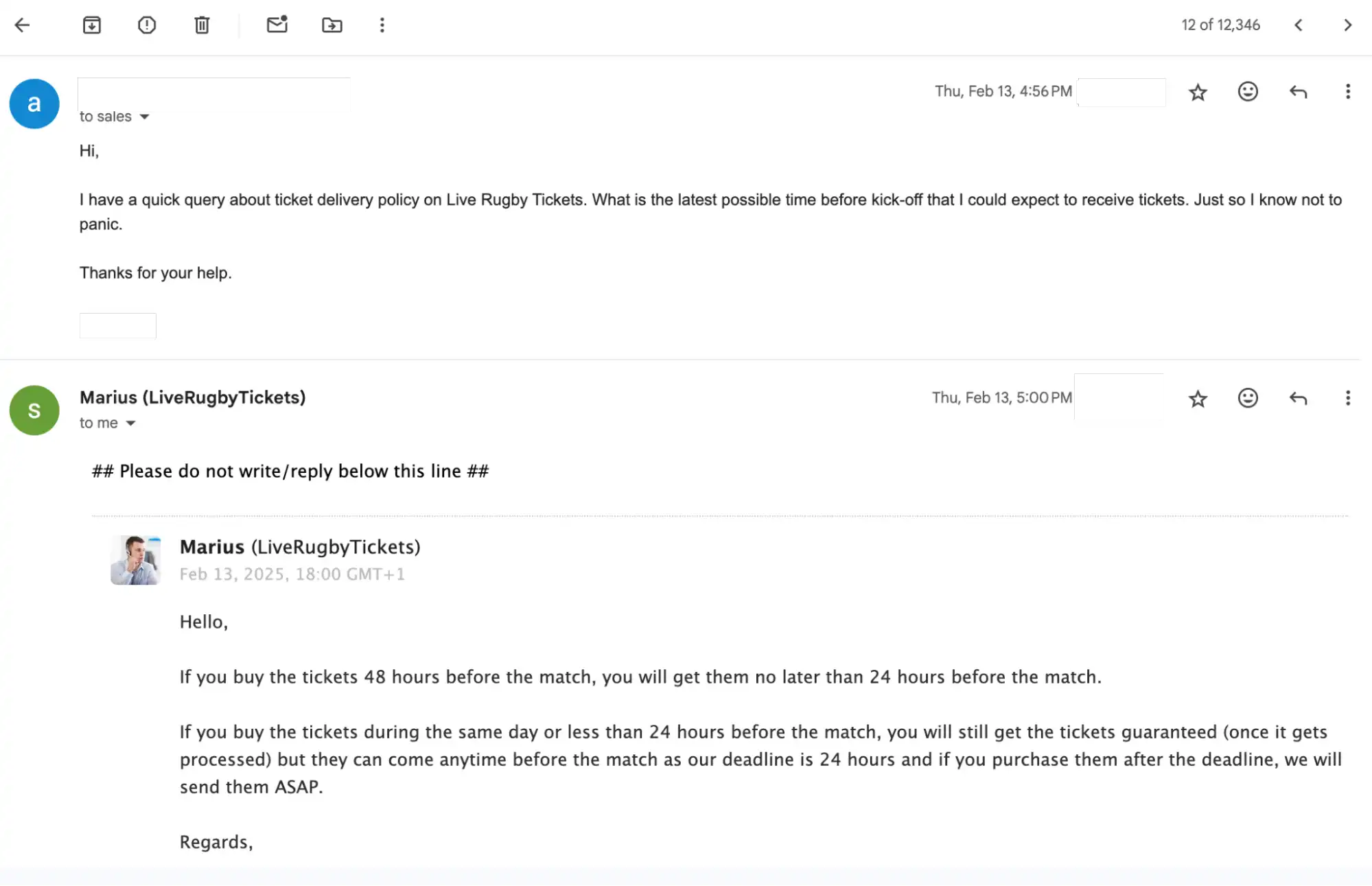 screenshot of the email support conversation