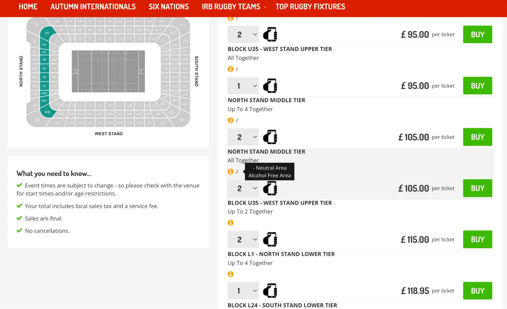 screenshot of seating plan with Information button highlighted