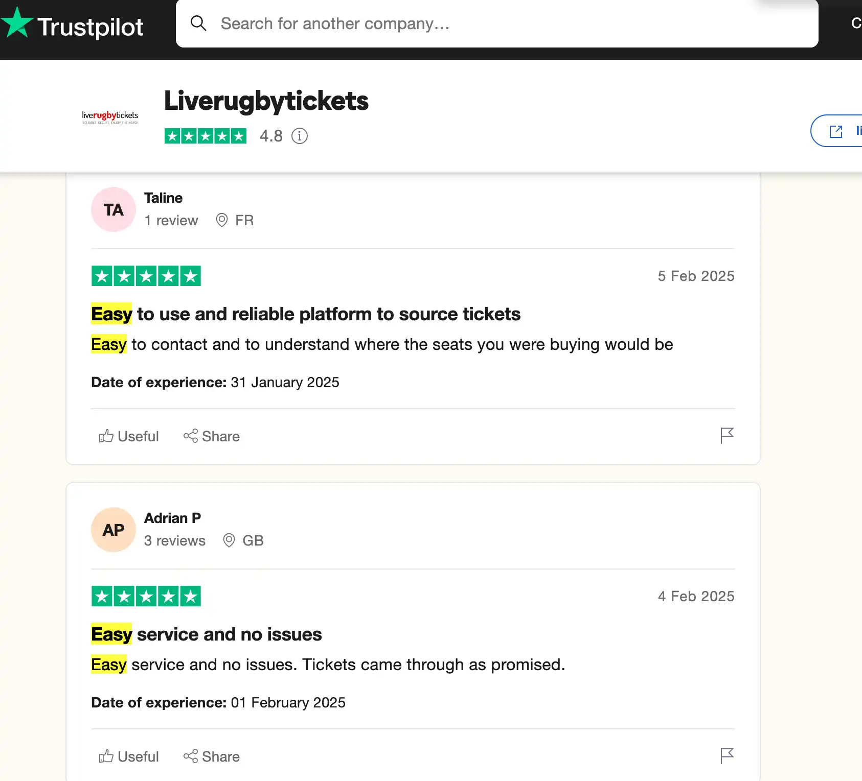 screenshot of positive liveregbytickes' reviews on the Trustpilot