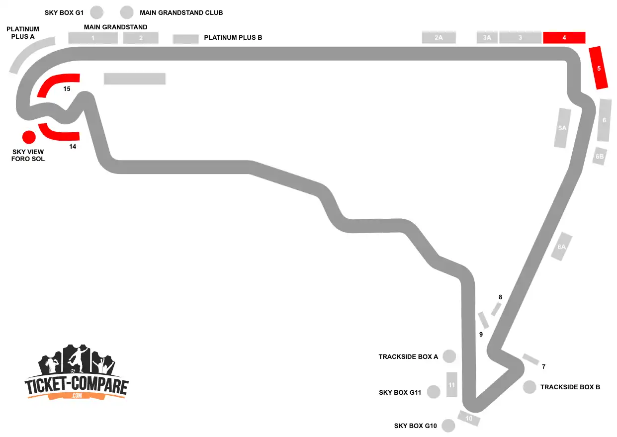 Screenshot of Autódromo Hermanos Rodríguez seating plan with 4, 5, and Foro Sol stands highlighted