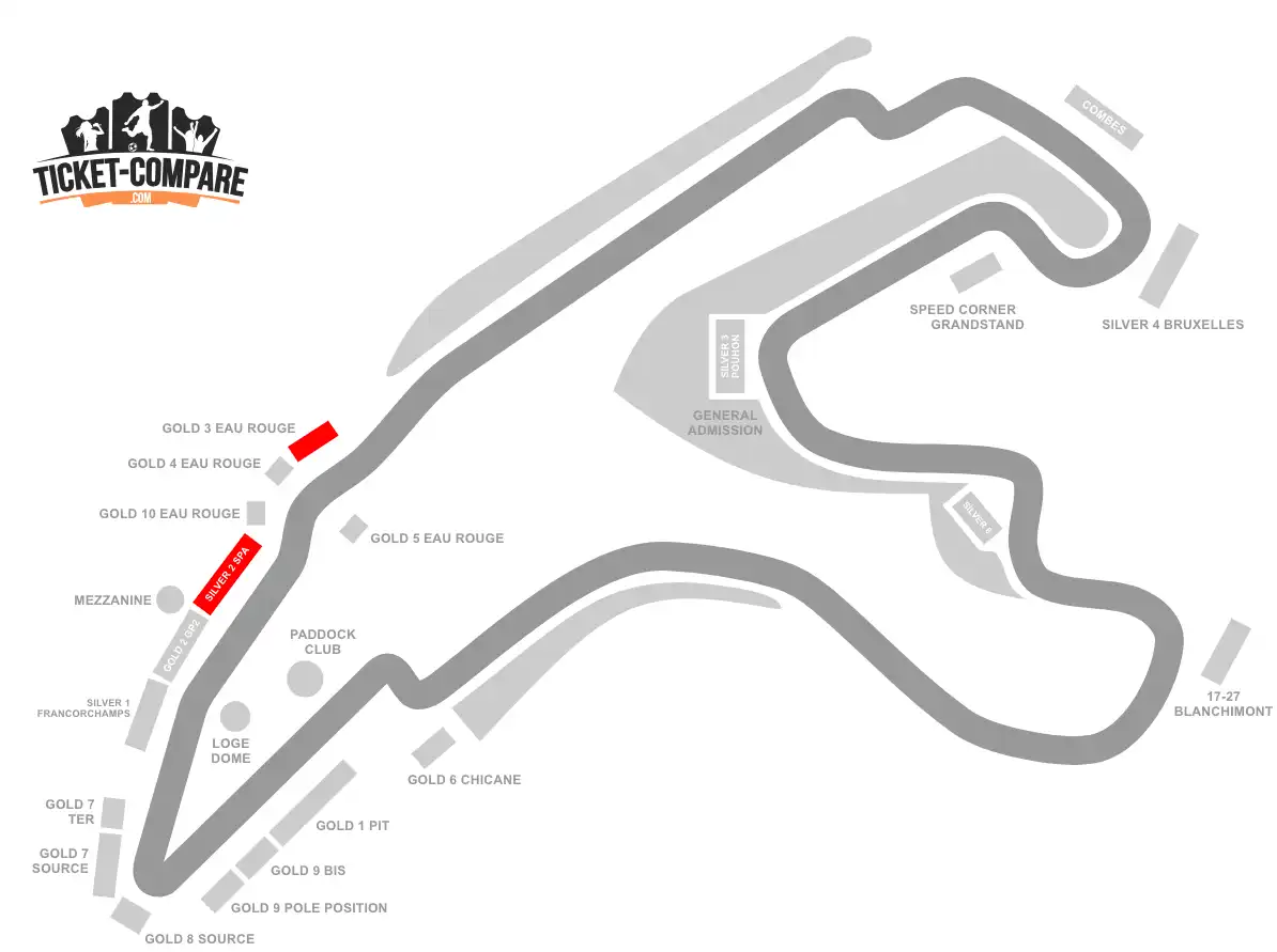 Screenshot of Spa Circut seating plan with Silver 2 and Gold 3 stands highlighted