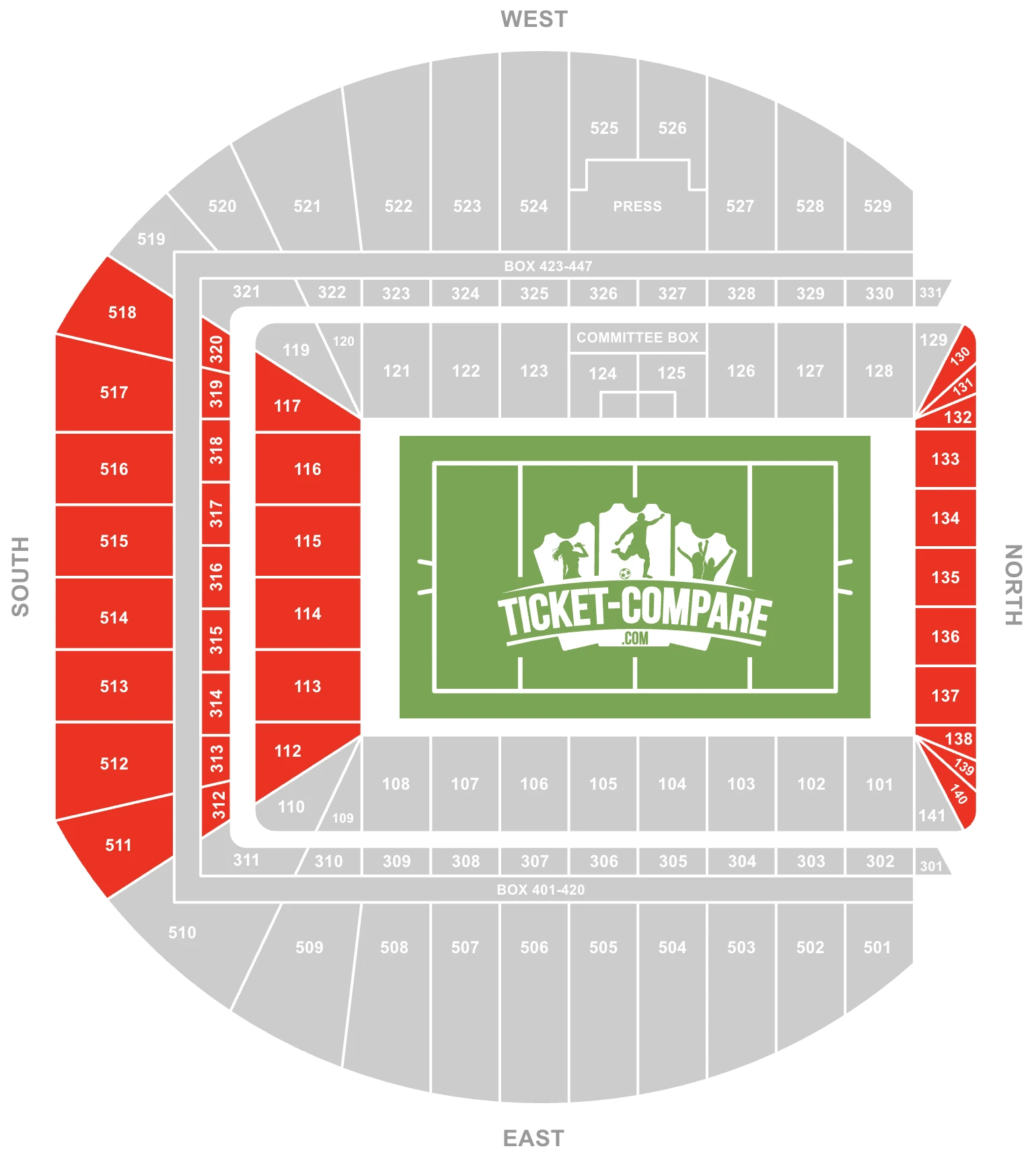 Screenshot of Aviva Stadium Seating plan with South and North stands highlighted