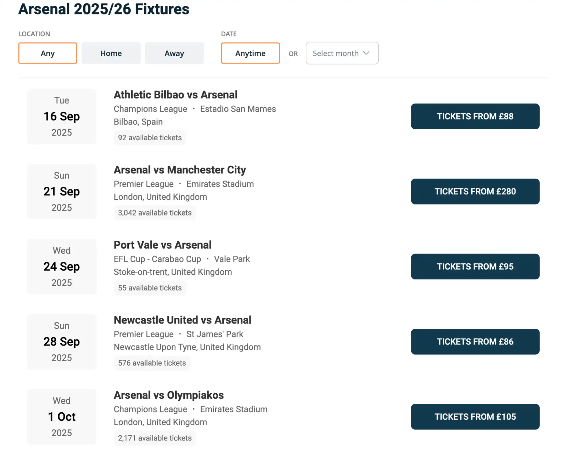 screenshot of Arsenal fixtures on ticket-compare.com