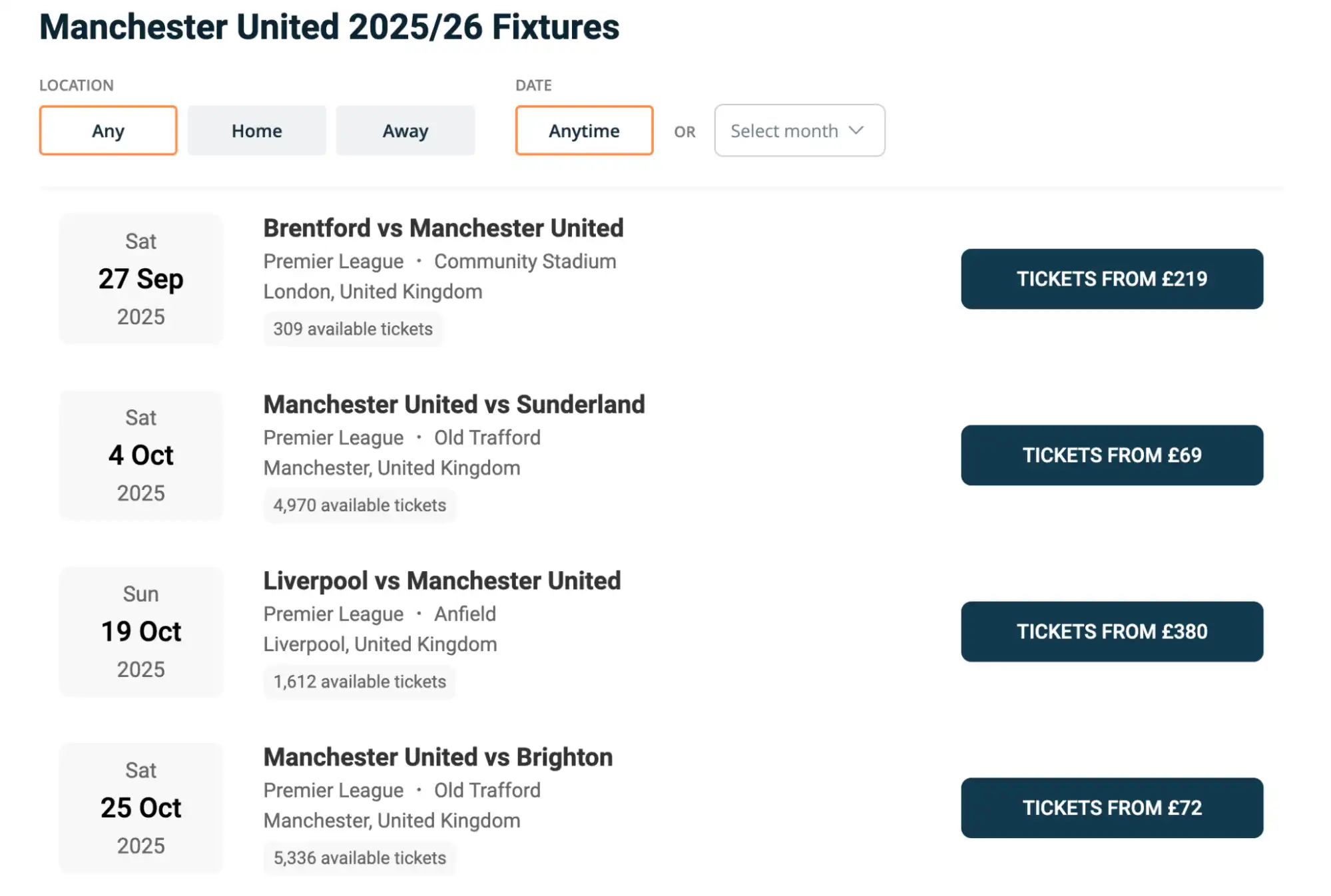Manchecter United fixtures on ticket-compare.com