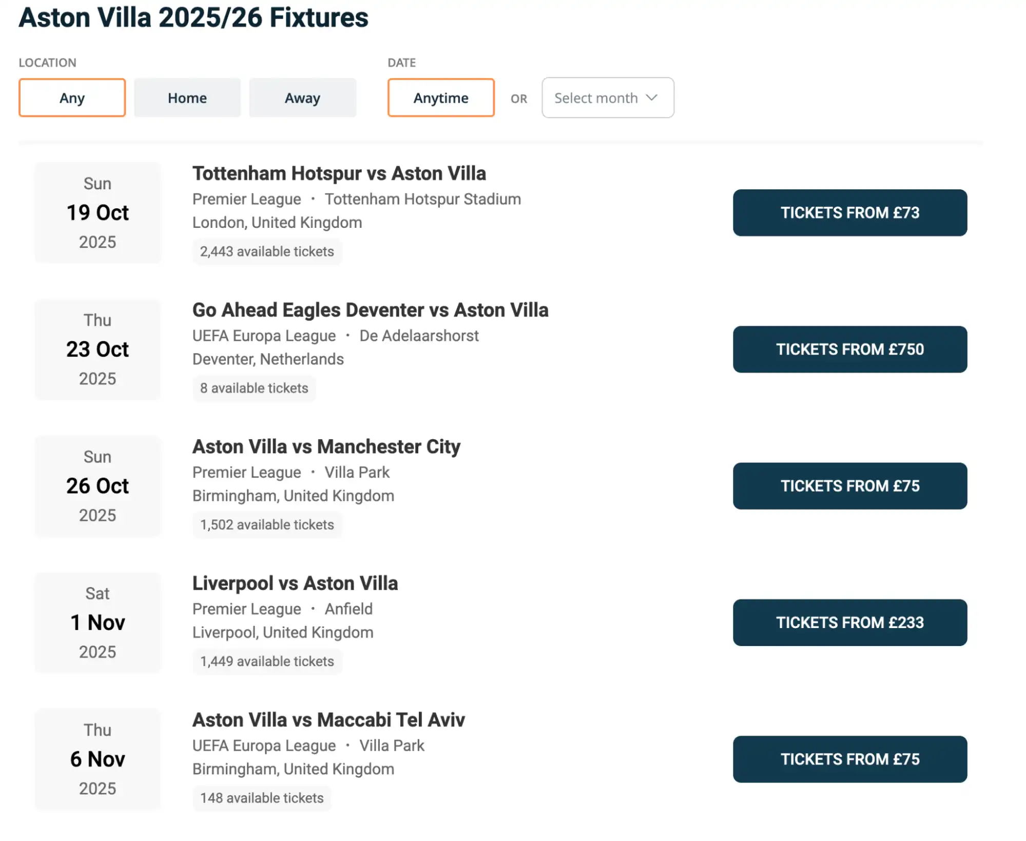 screenshot of Aston Villa Fixtures on Ticket-Compare.com