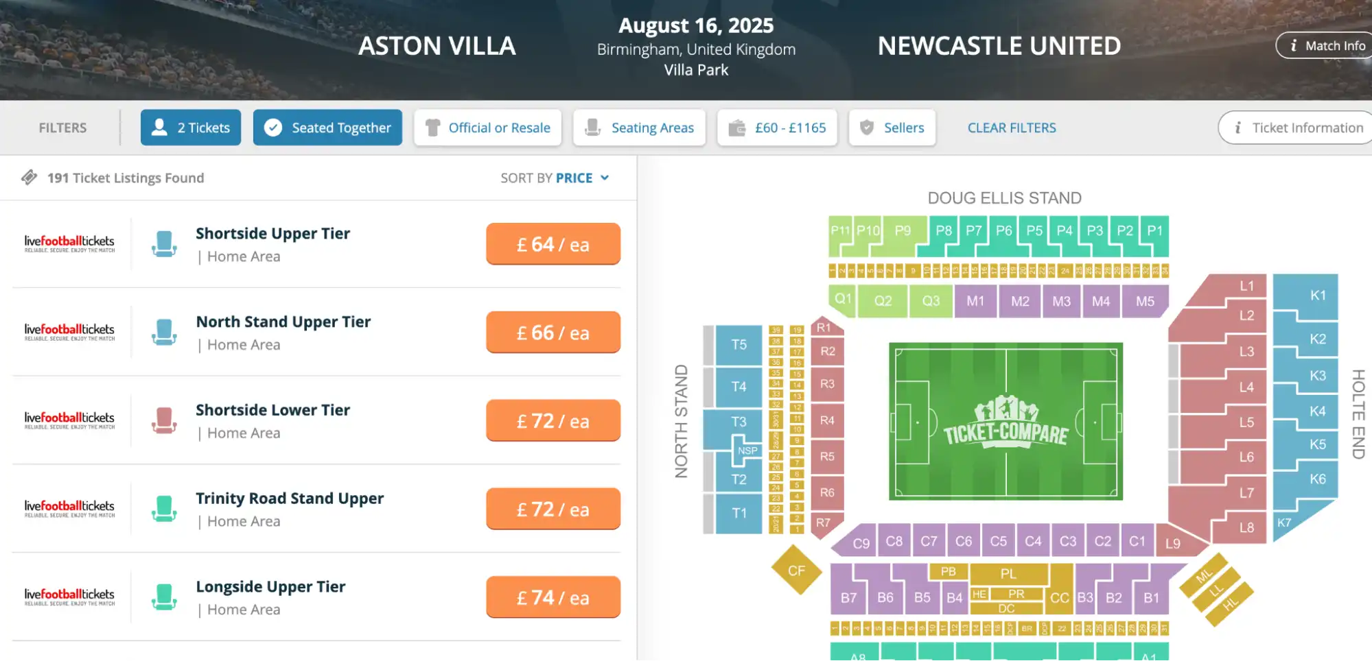 screenshot of Aston Villa vs Newcastle United tickets page
