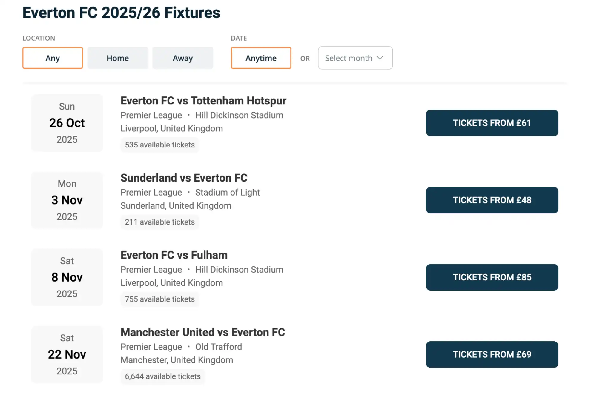 screenshot of Everton FC Fixtures on Ticket-Compare.com