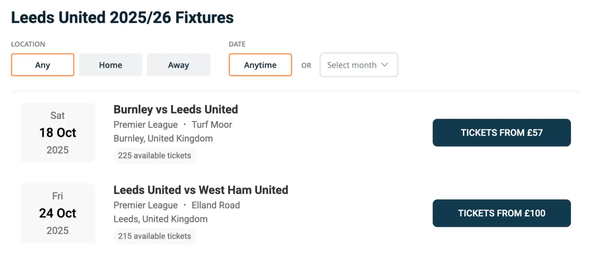 screenshot of Leeds United Fixtures on Ticket-Compare.com