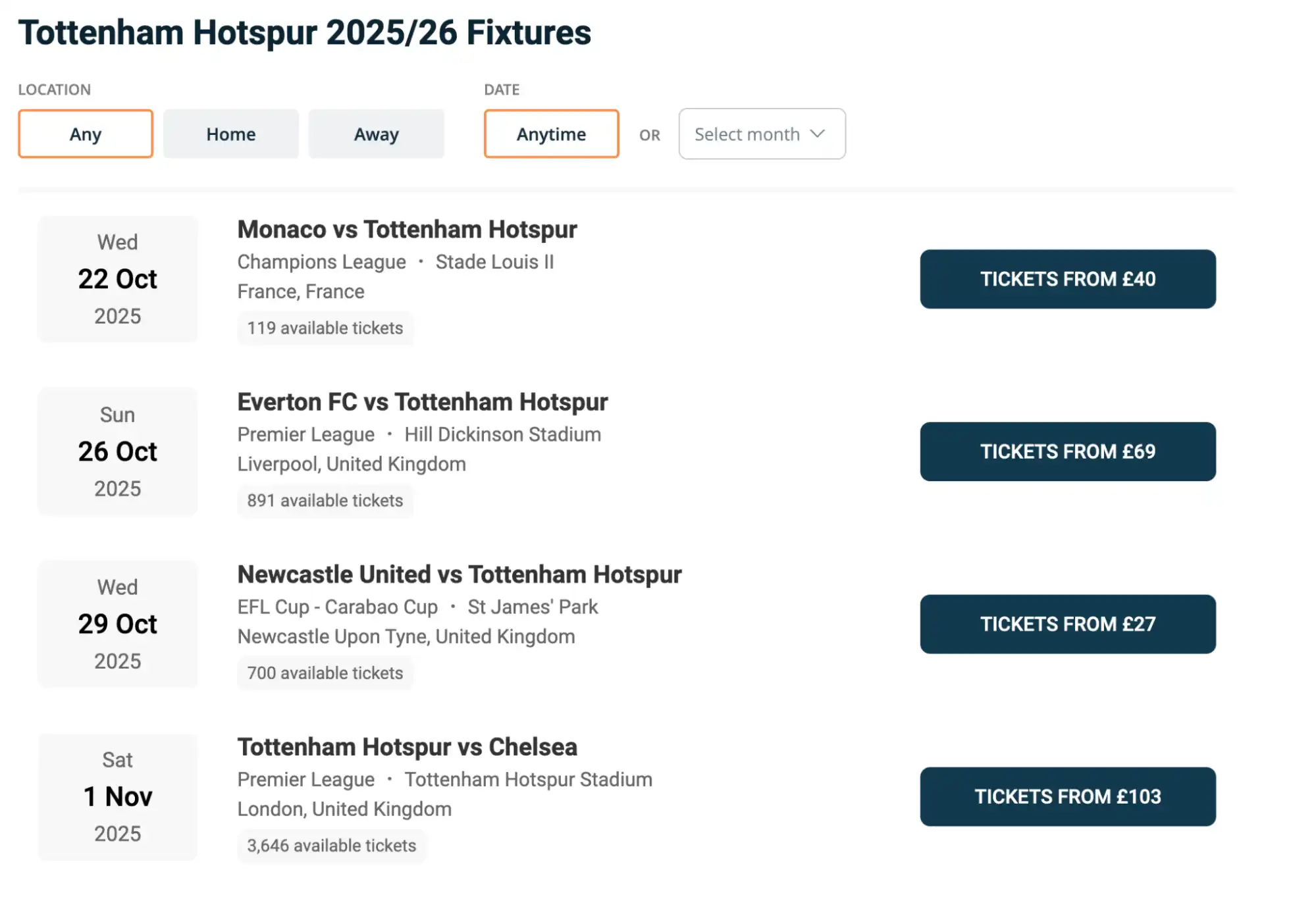 screenshot of Tottenham Hotspur Fixtures on Ticket-Compare.com