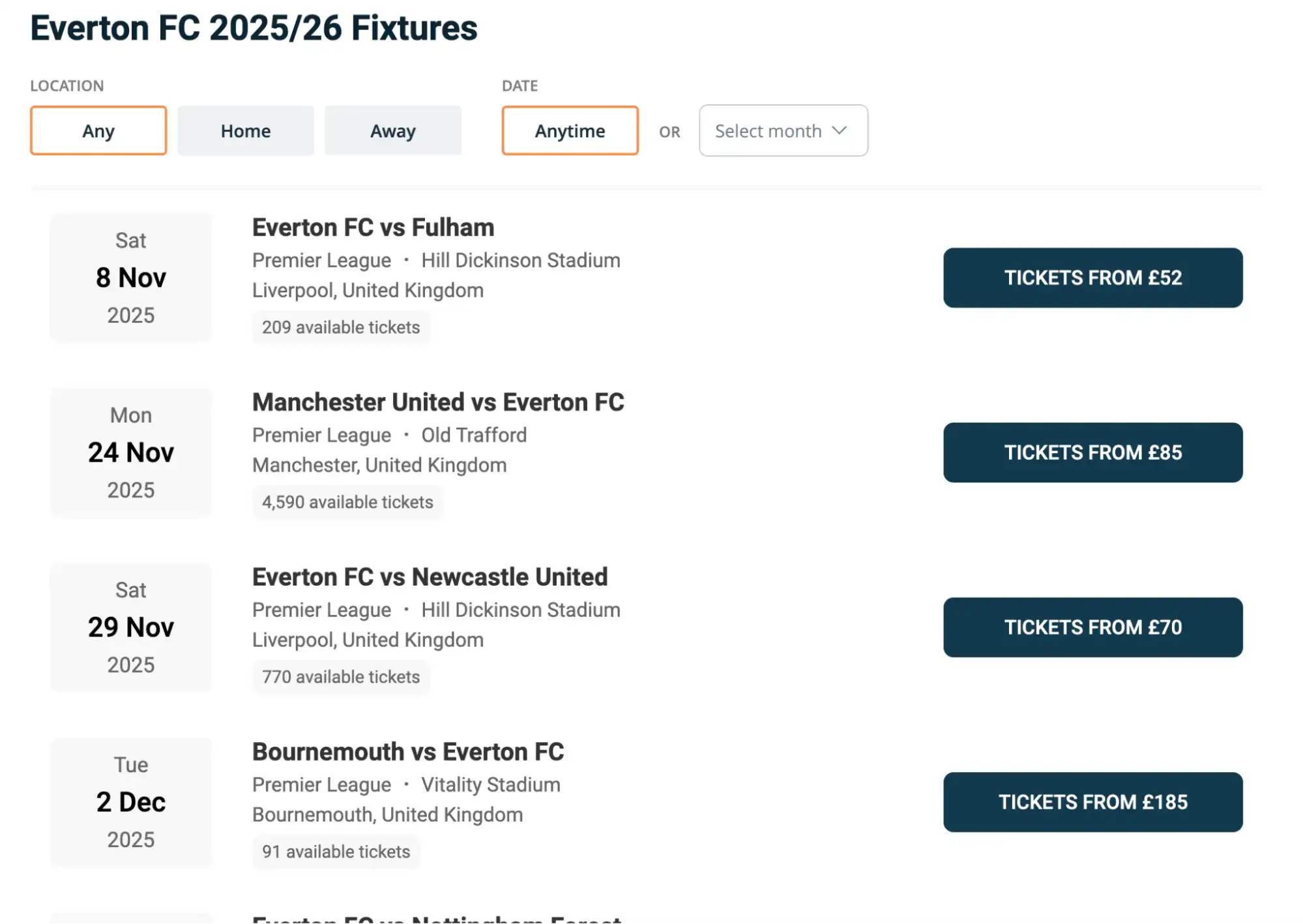screenshot of Everton FC fixtures on Ticket-Compare.com