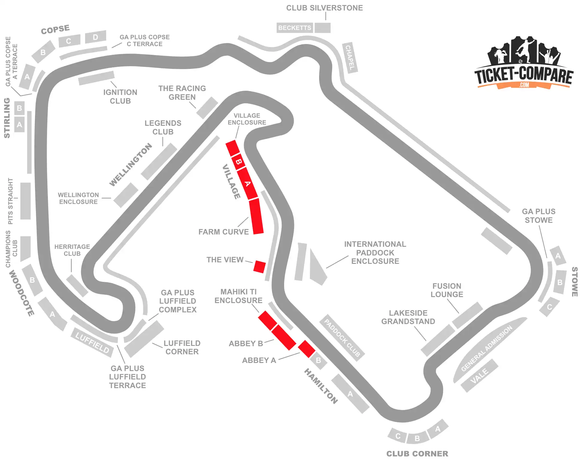 ScreenShot Of SilverStone Circuit seating plan with Abbey, Mahiki ti Enclosure, The view, Farm Curve and Village sections highlighted