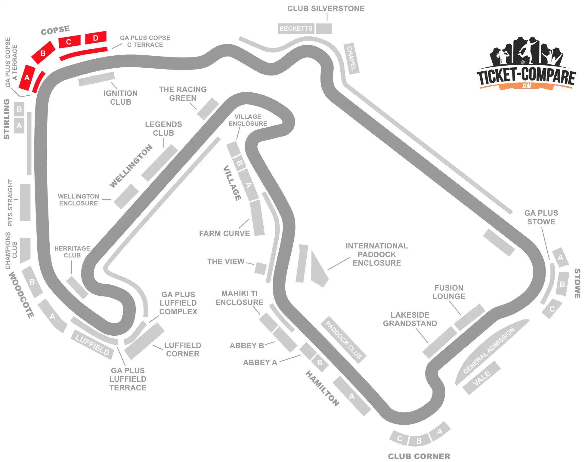 ScreenShot Of SilverStone Circuit seating plan with Copse sections highlighted