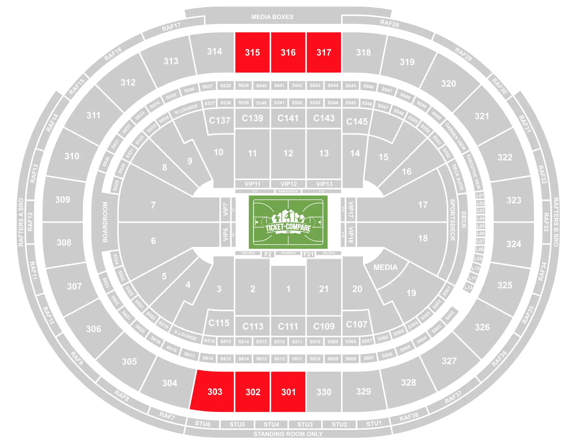 ScreenShot of TD Garden seating plan with 315, 316, 317, 301, 302 and 303 sections highlighted