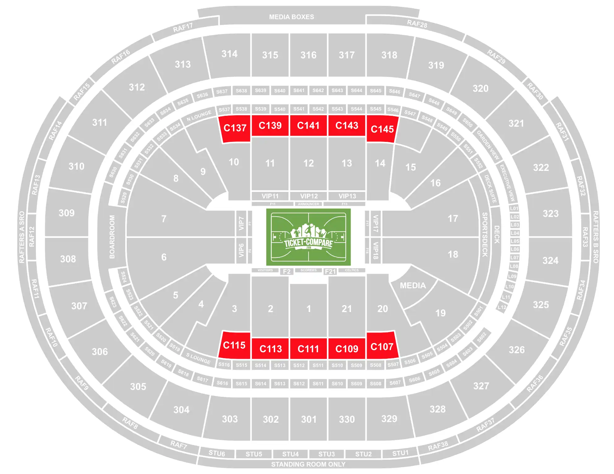 ScreenShot of TD Garden seating plan with C107, C109, C111, C113, C115, C137, C139, C141, C143, and C145 sections highlighted