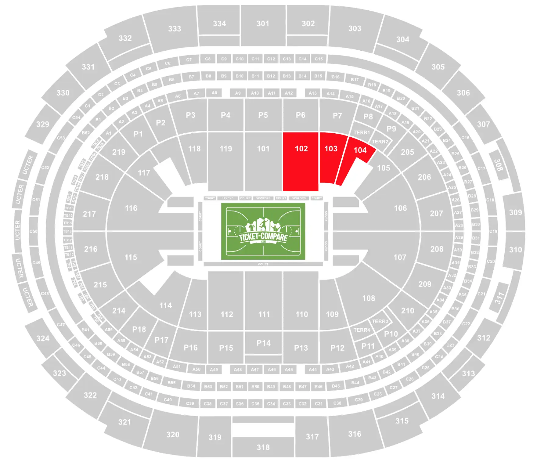 ScreenShot of the Crypto.com Arena Seating plan with 102, 103 and 104 sections highlighted