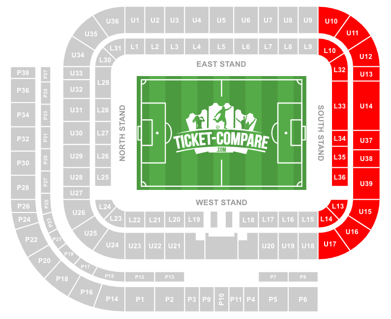 Screenshot of Stadium of Light seating plan with the South Stand highlighted