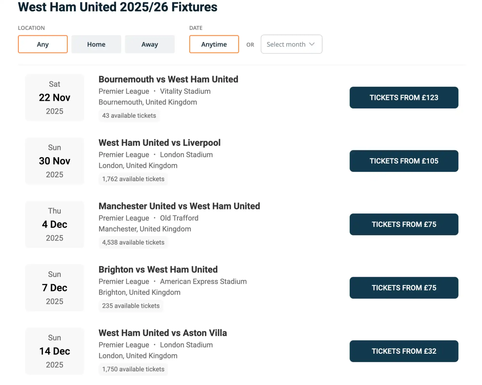 screenshot of West Ham Fixtures on Ticket-Compare.com