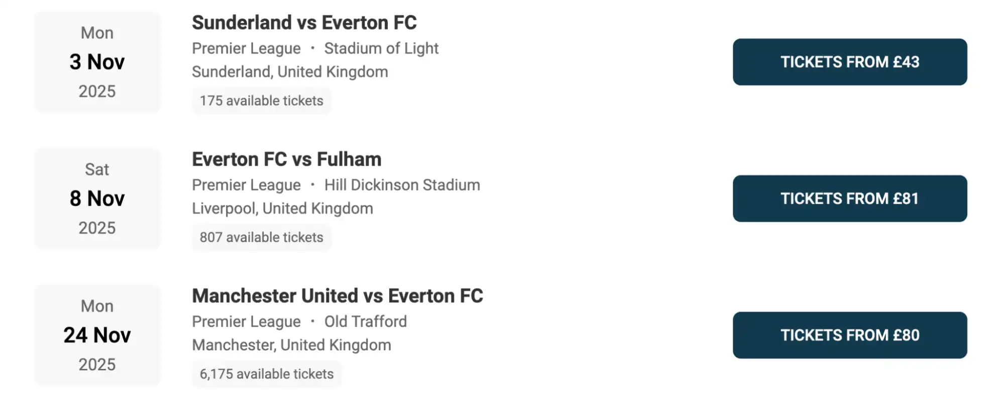 screenshot of Everton FC fixtures on Ticket-Compare.com