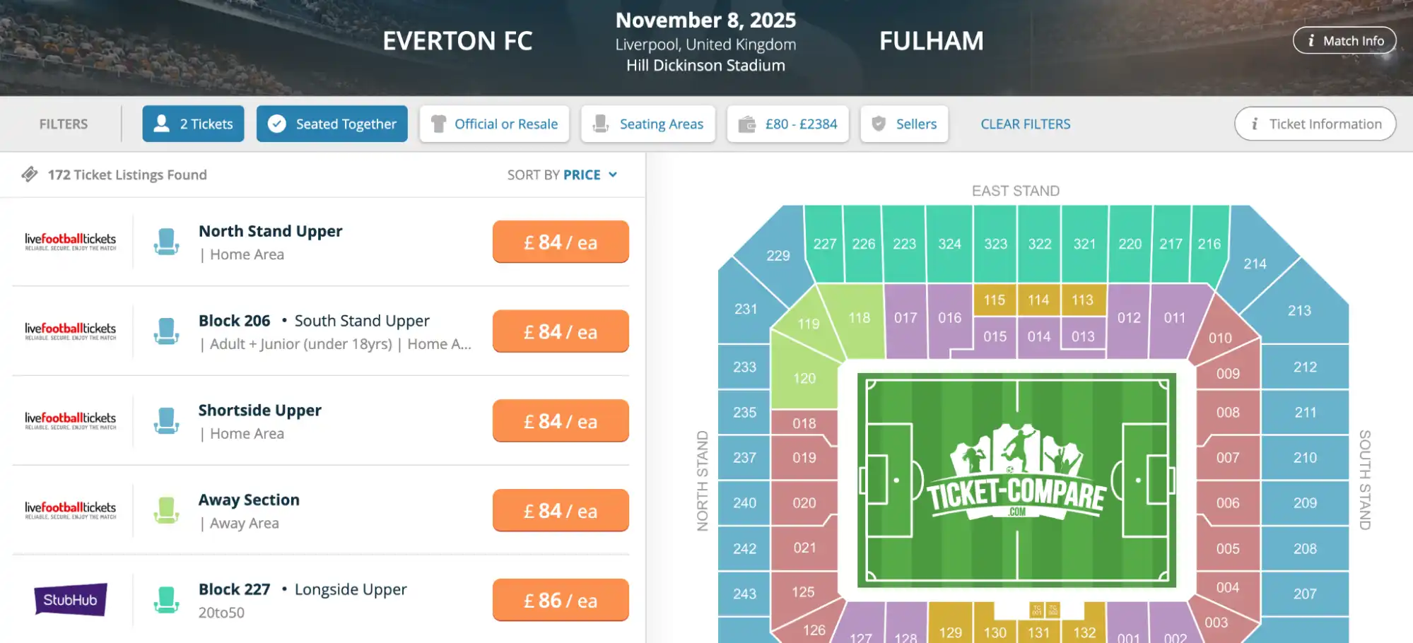 screenshot of Everton FC vs Fulham match tickets on Ticket-Compare.com