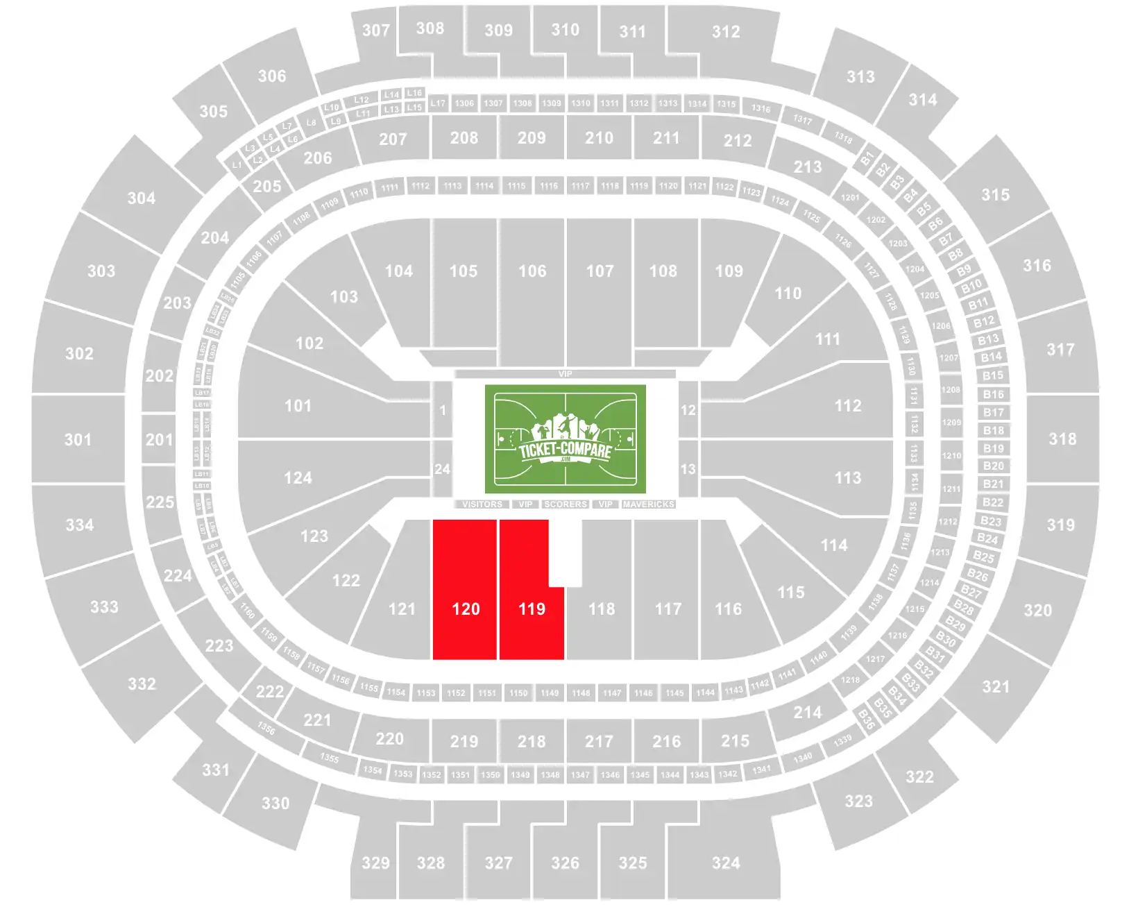 screenshot of American Airlines Center seating plan with 119 and 120 sectors highlighted
