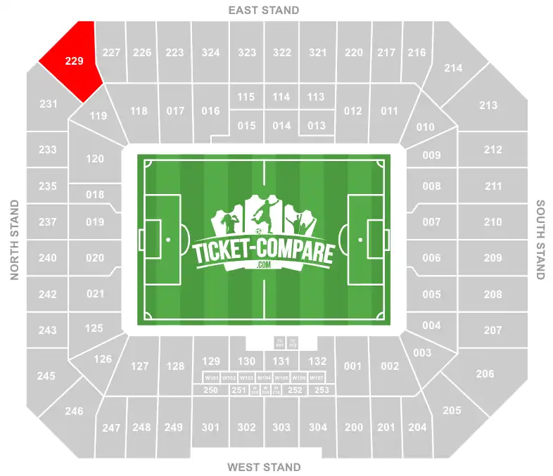 screenshot of Hill Dickinson Stadium Seating plan with Block 229 highlighted