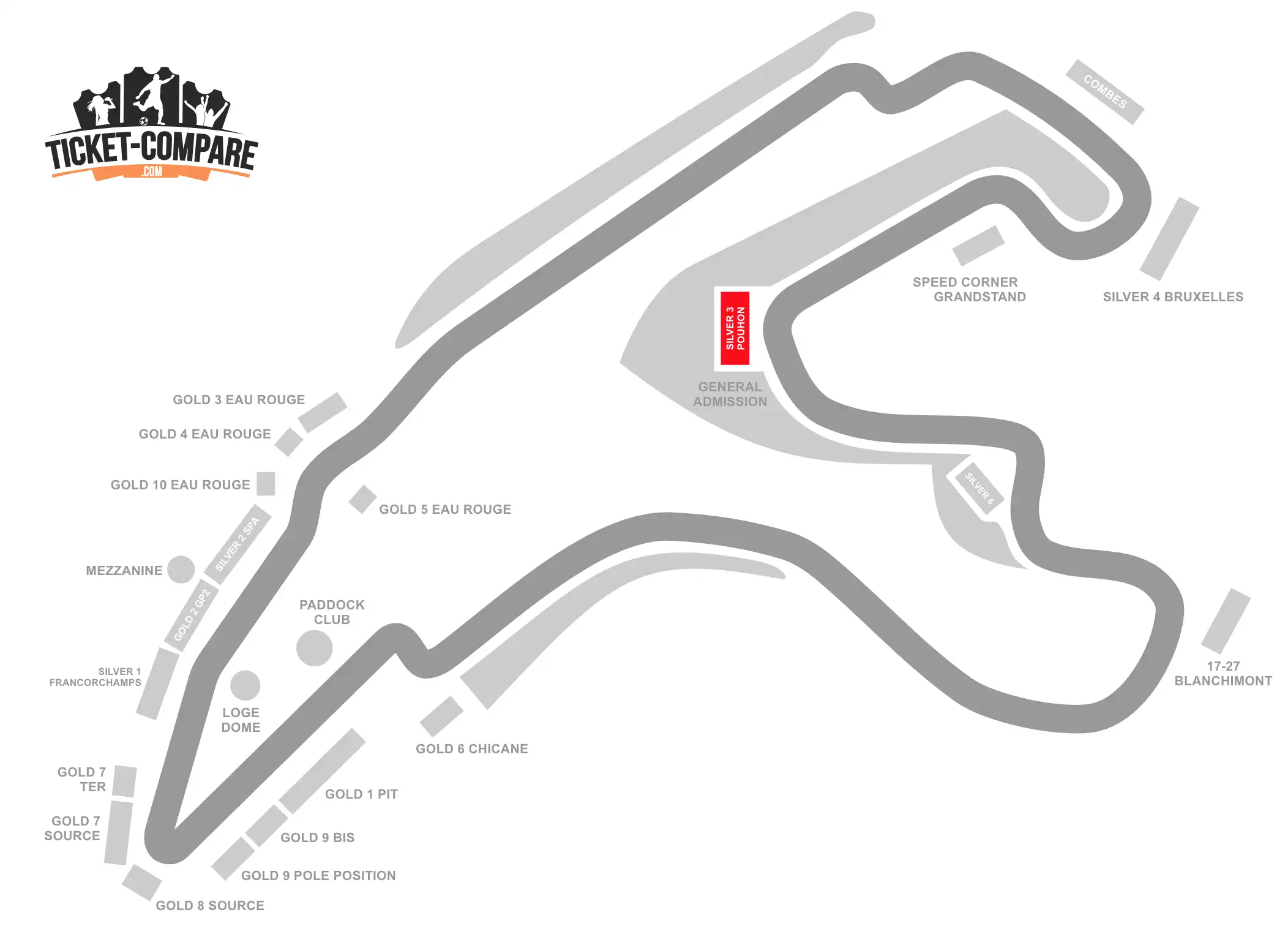 ScreenShot of Circuit de Spa-Francorchamps Seating Plan with the Silver 3 Pouhon stand highlighted
