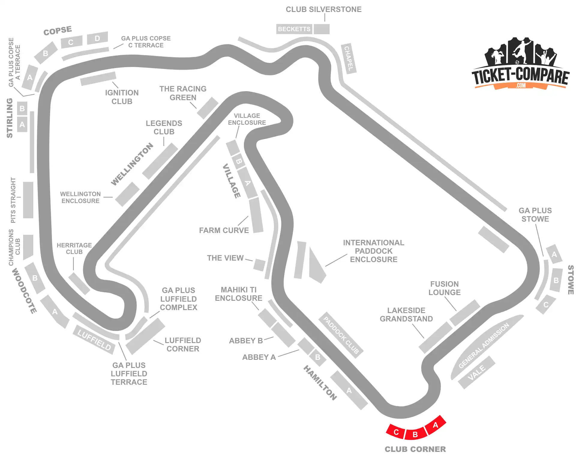 ScreenShot of Silverstone Circuit Seating plan with the Club Corner highlighted