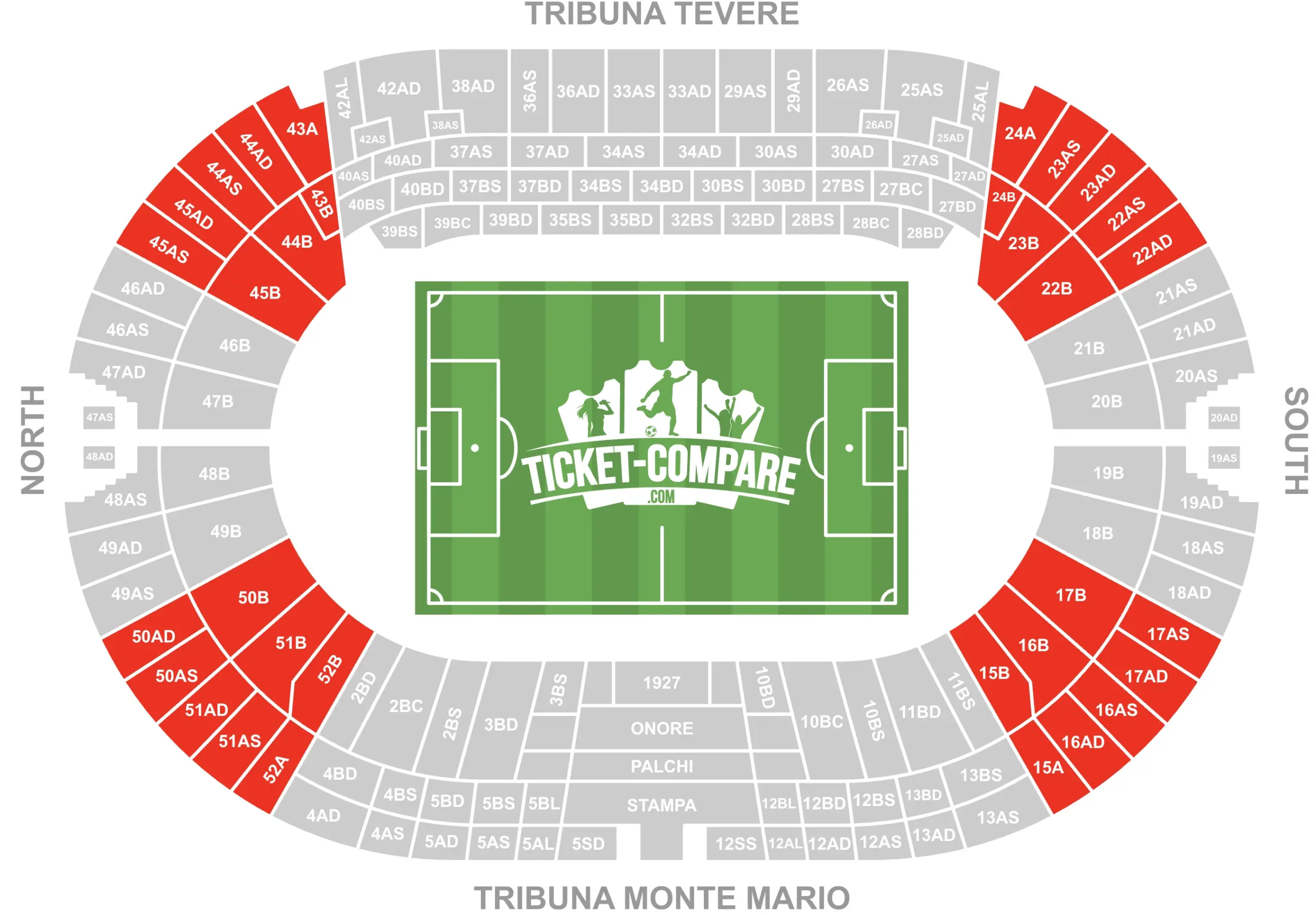 Screenshot of Stadio Olimpico Seating plan with Distinti corners highlighted