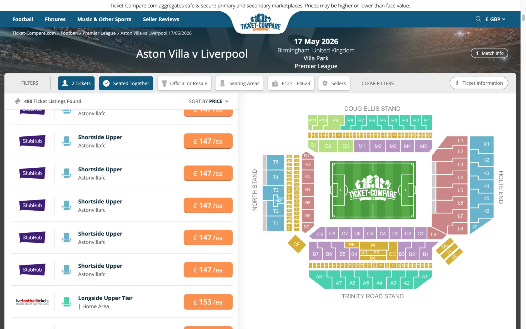 Screenshot of Aston Villa v Liverpool tickets page on Ticket-Compare.com