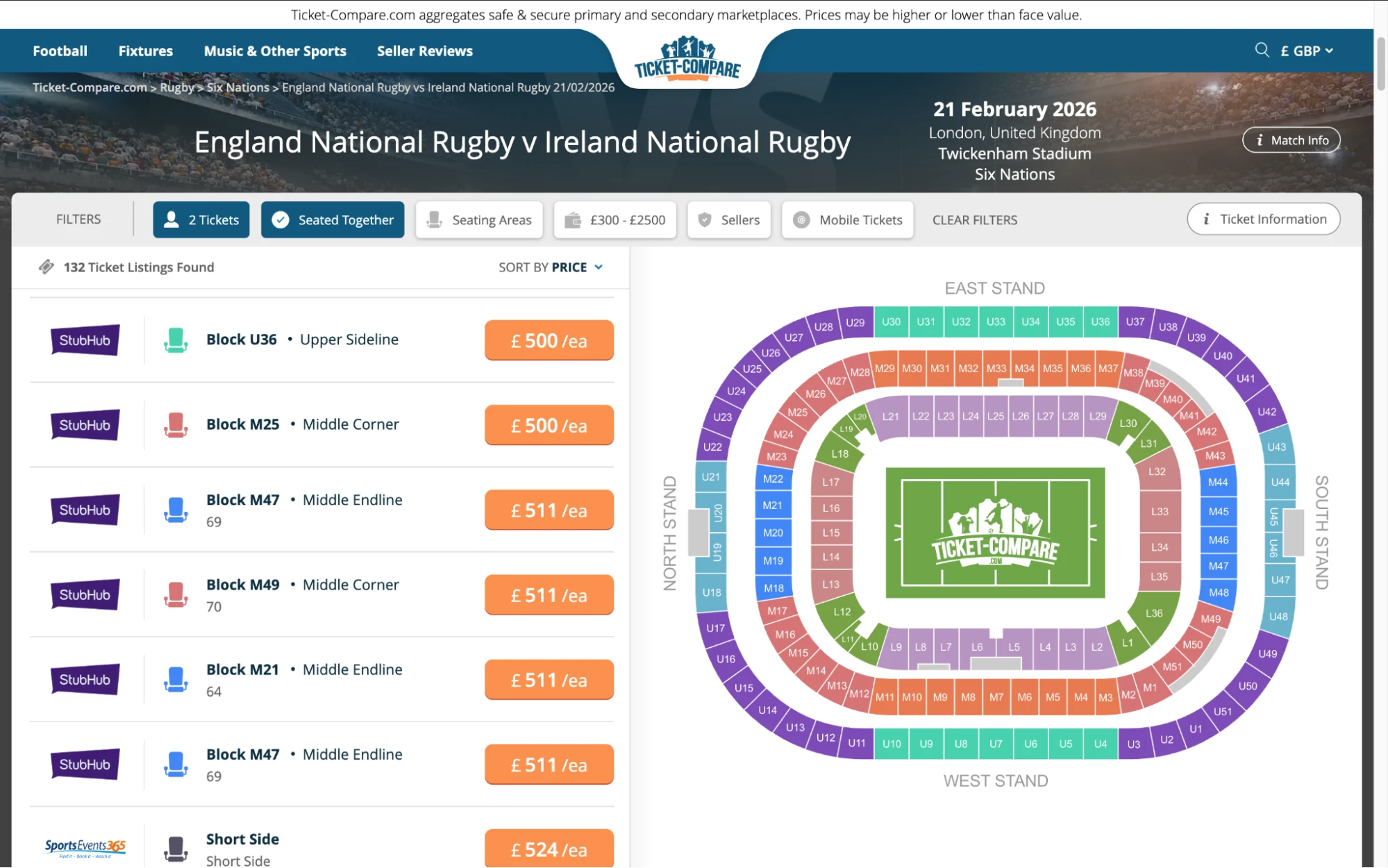 Screenshot of England National Rugby v Ireland National Rugby tickets page on Ticket-Compare.com