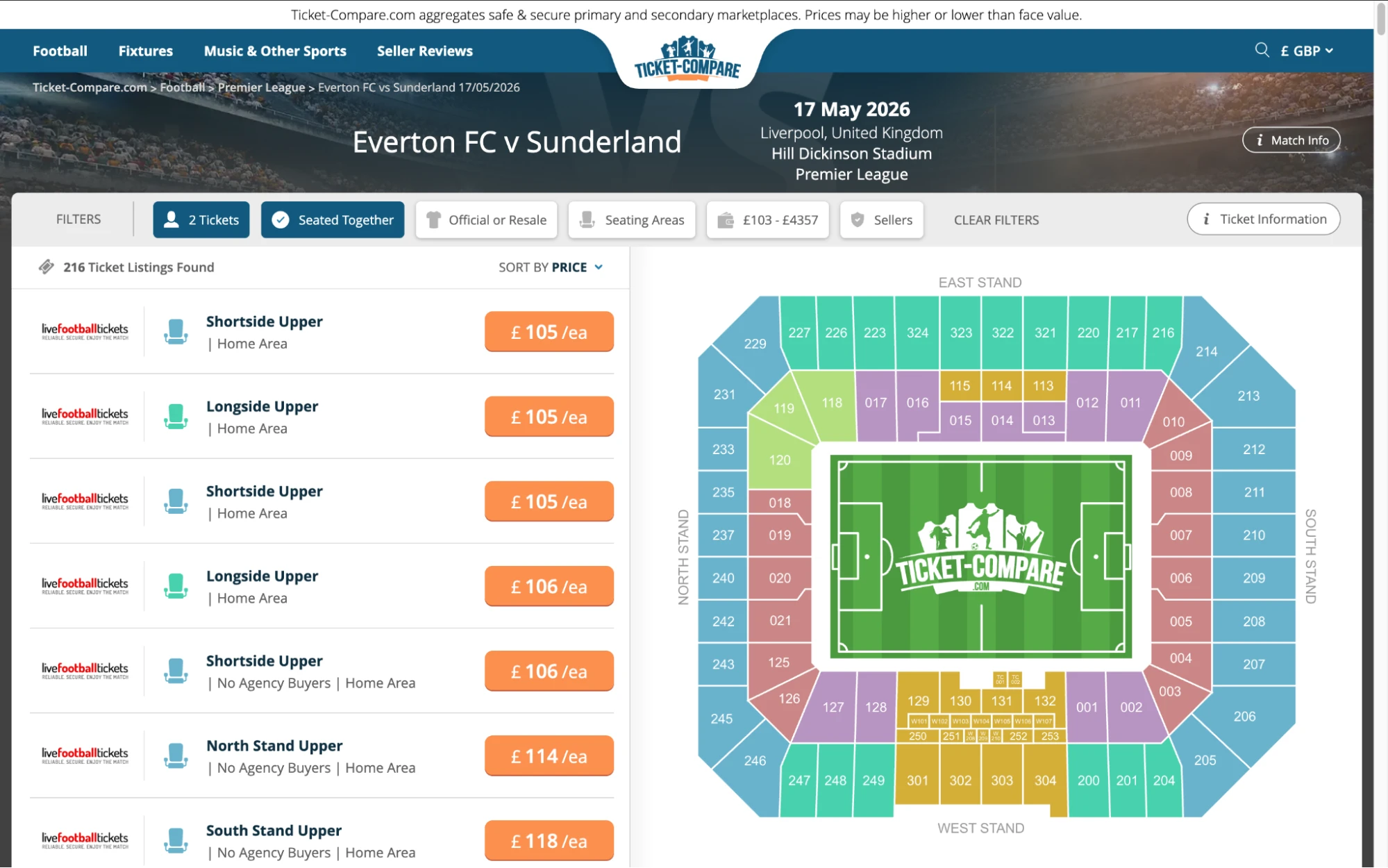 Screenshot of Everton v Sunderland tickets page on Ticket-Compare.com