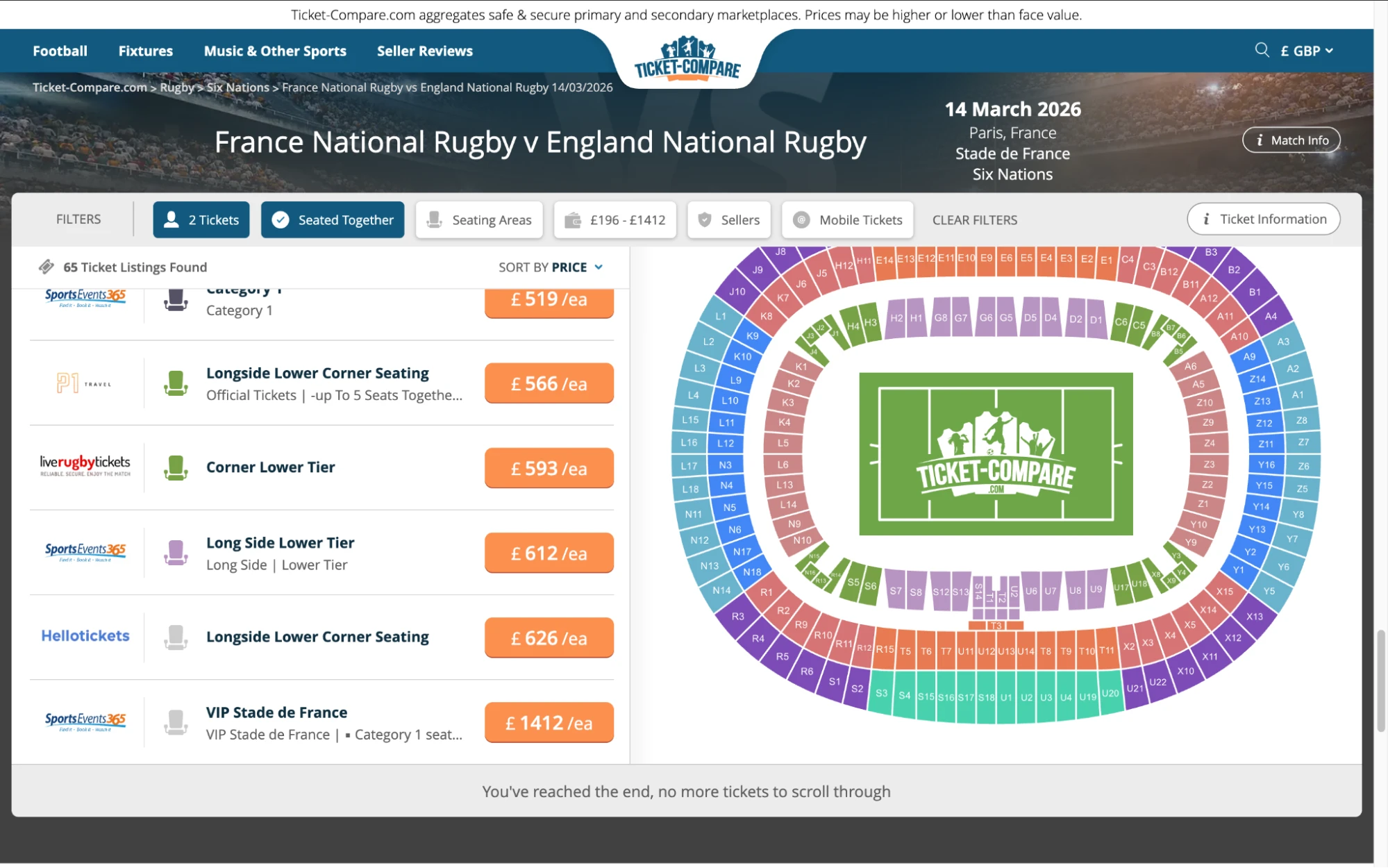 Screenshot of France National Rugby v England National Rugby tickets page on Ticket-Compare.com