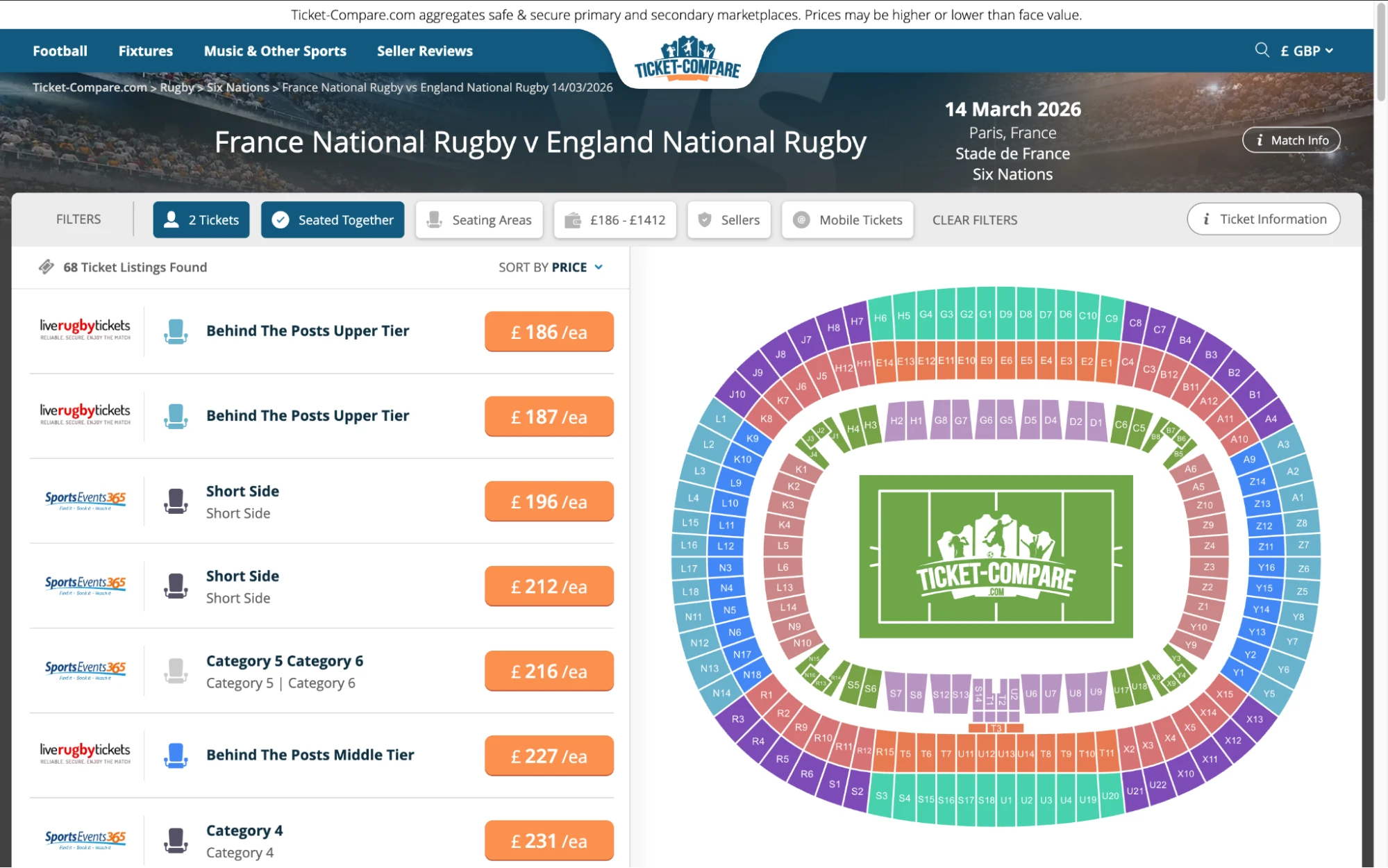 Screenshot of France National Rugby v England National Rugby tickets page on Ticket-Compare.com