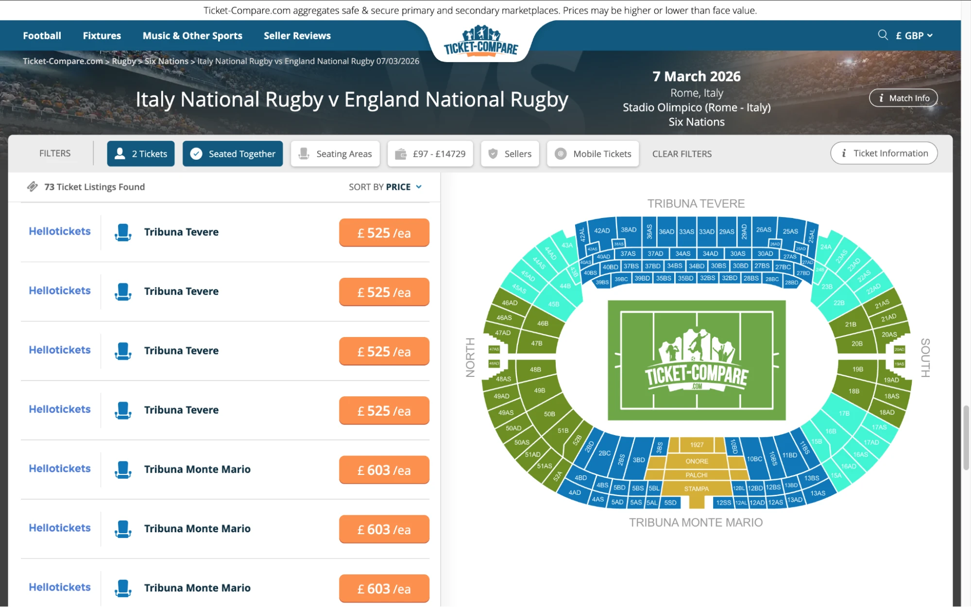 Screenshot of Italy National Rugby v England National Rugby tickets page on Ticket-Compare.com