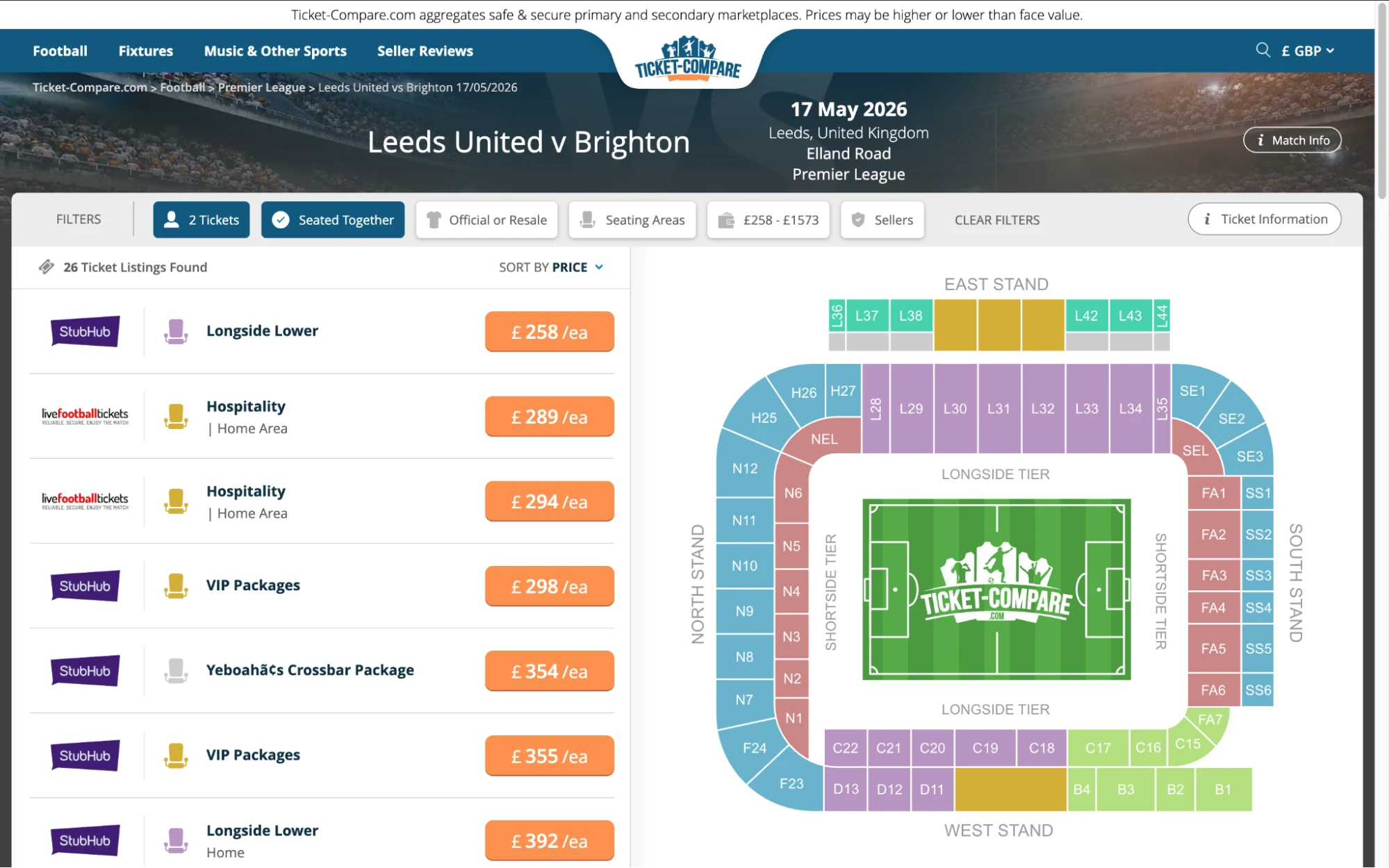 Screenshot of Leeds United v Brightron tickets page on Ticket-Compare.com
