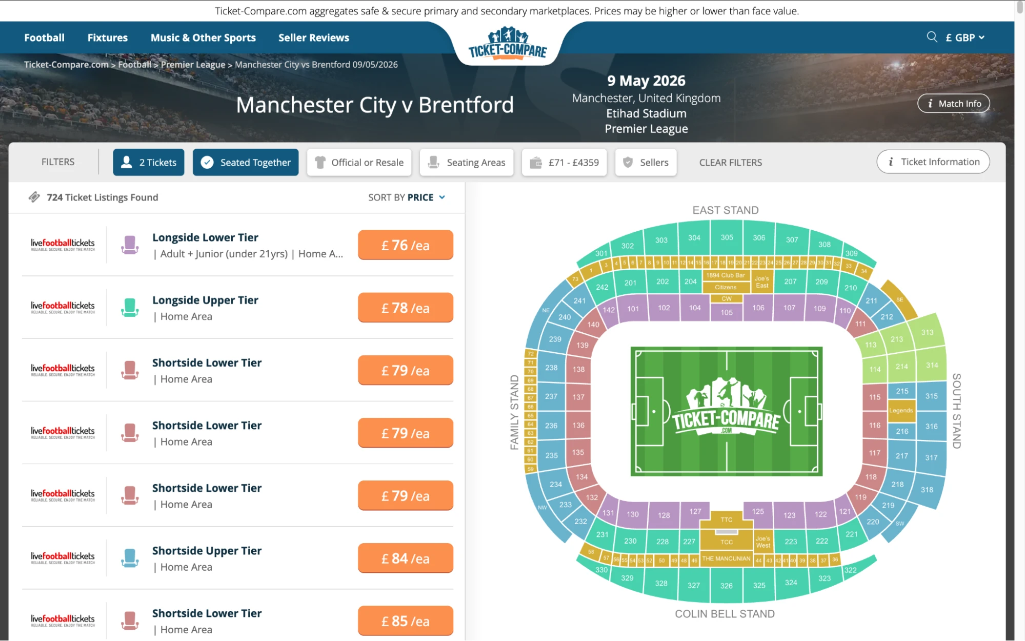Screenshot of Man City v Brentford tickets page on Ticket-Compare.com