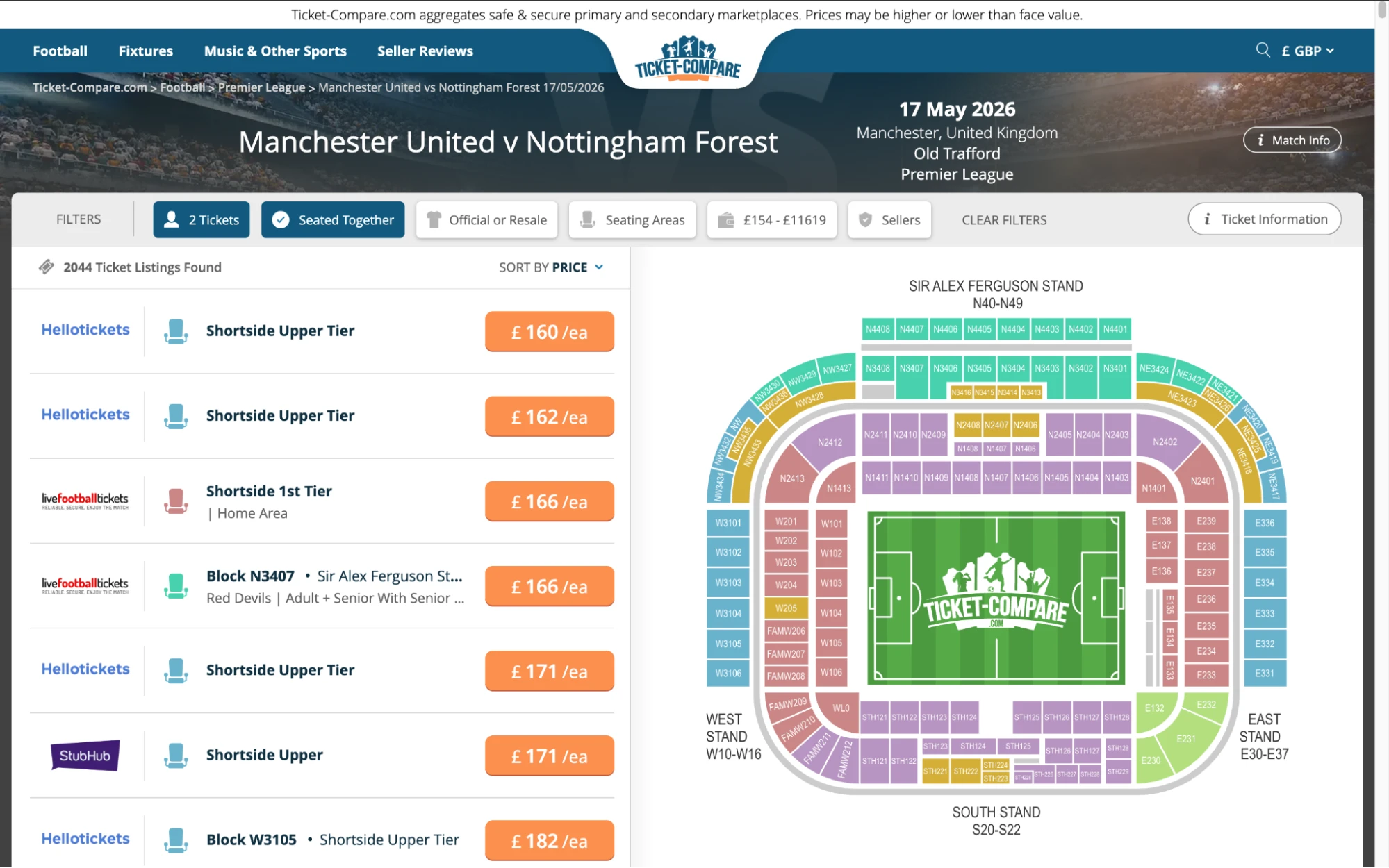 Screenshot of Manchester United v Nottinham Forest tickets page on Ticket-Compare.com