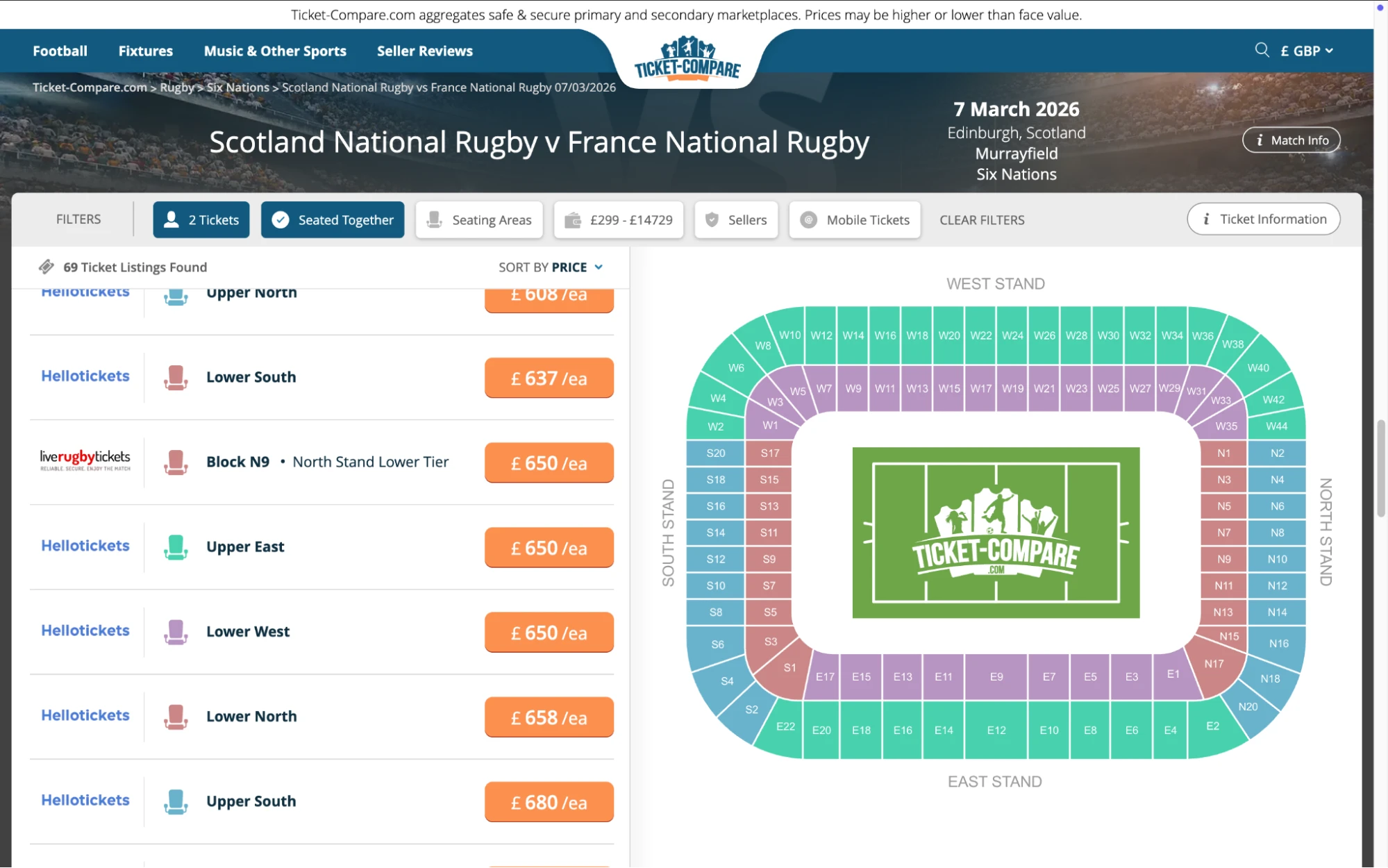 Screenshot of Scotland National Rugby v France National Rugby tickets page on Ticket-Compare.com