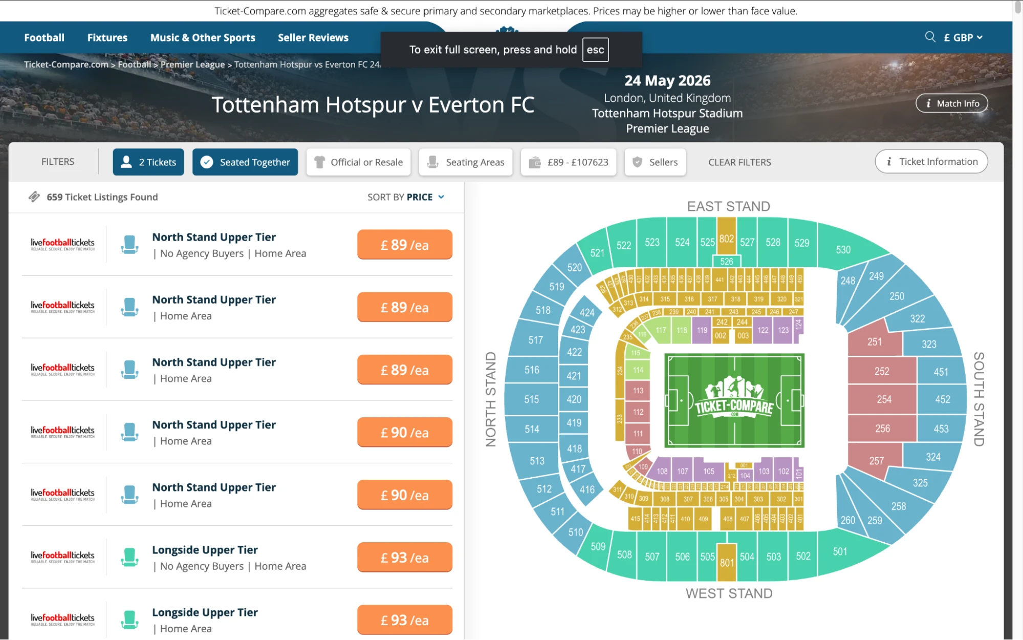 Screenshot of Tottenham Hotspur v Everton tickets page on Ticket-Compare.com