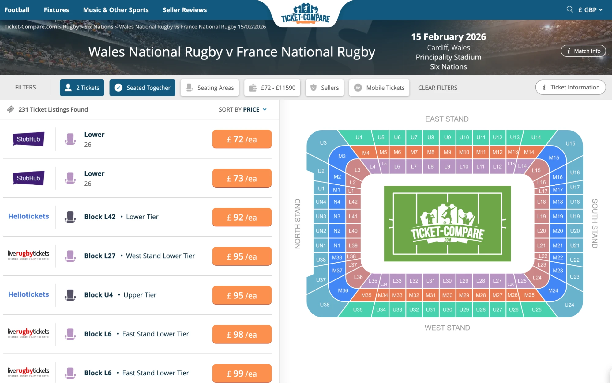 Screenshot of Wales National Rugby v France National Rugby tickets on Ticket-Compare.com