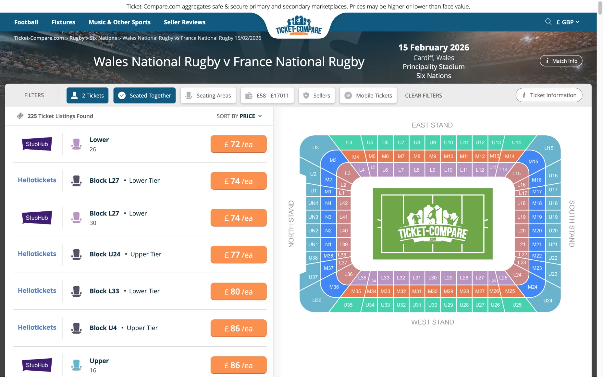 Screenshot of Wales National Rugby v France National Rugby tickets page on Ticket-Compare.com