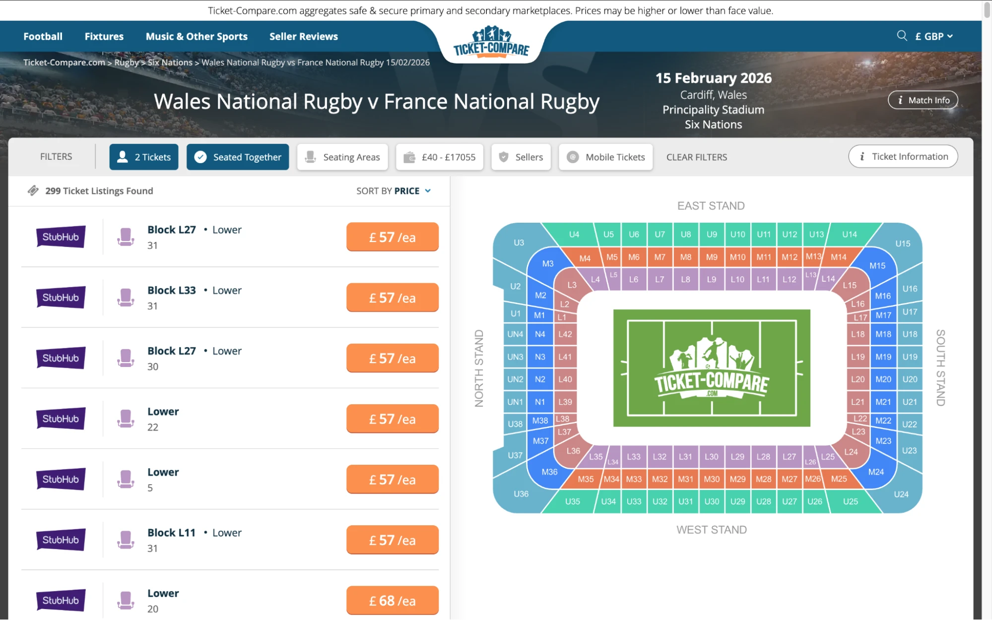 Screenshot of Wales National Rugby v France National Rugby tickets page on Ticket-Compare.com