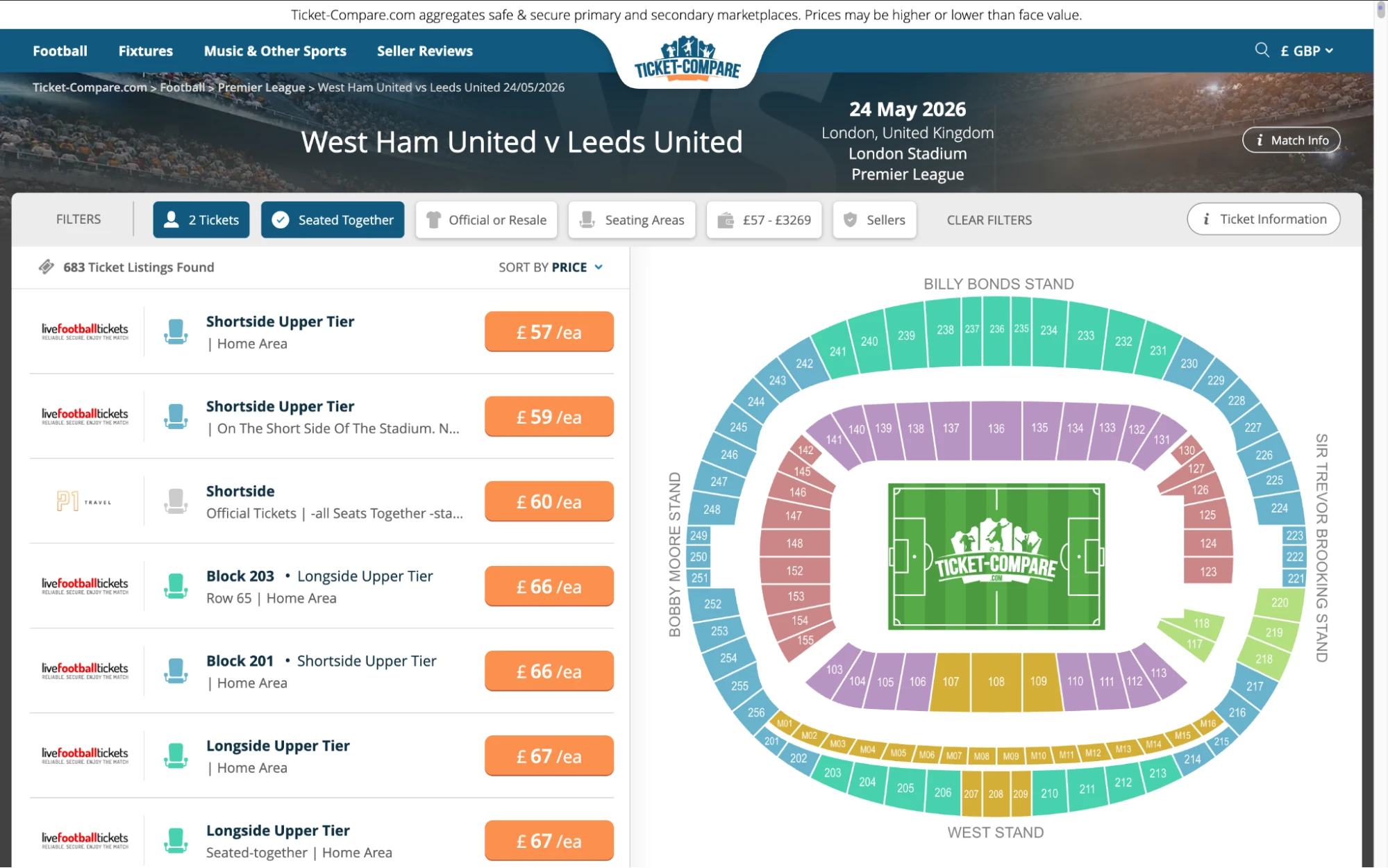 Screenshot of West Ham United v Leeds United tickets page on Ticket-Compare.com