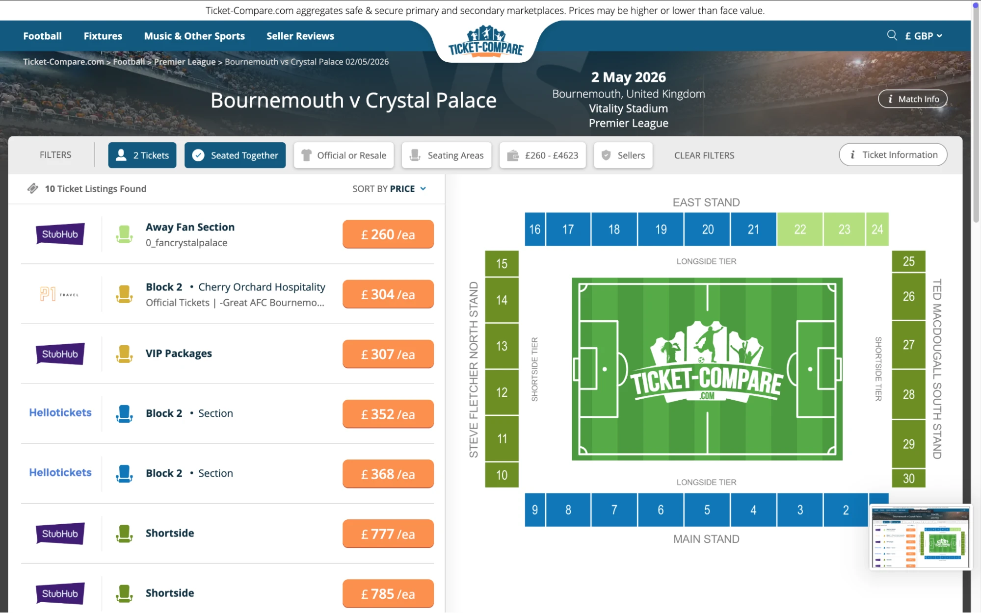 Screenshot of Bournemouth v Crystal Palace tickets page on Ticket-Compare.com