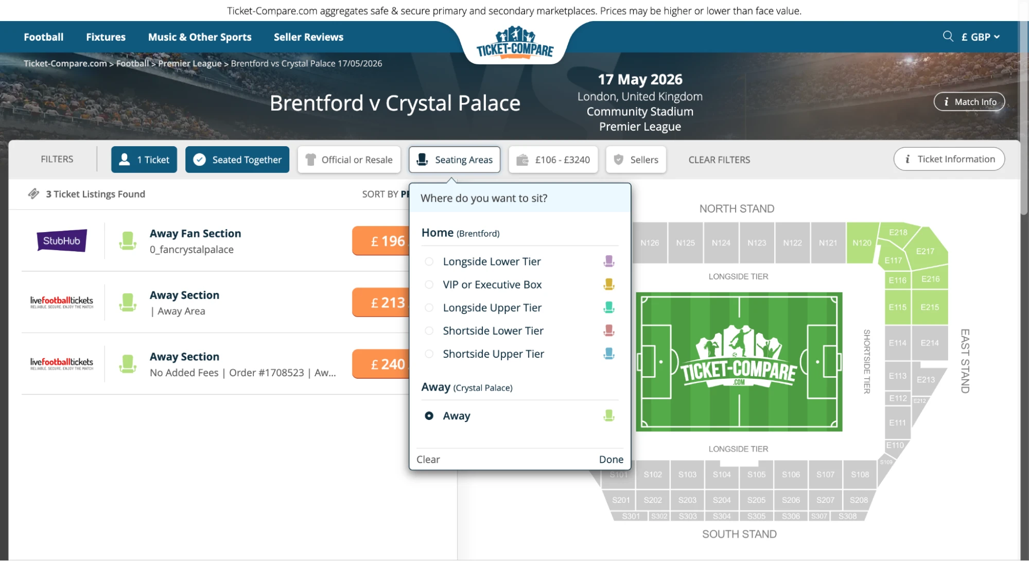 Screenshot of Seating Areas option on Brentford v Crystal Palace tickets page on Ticket-Compare.com