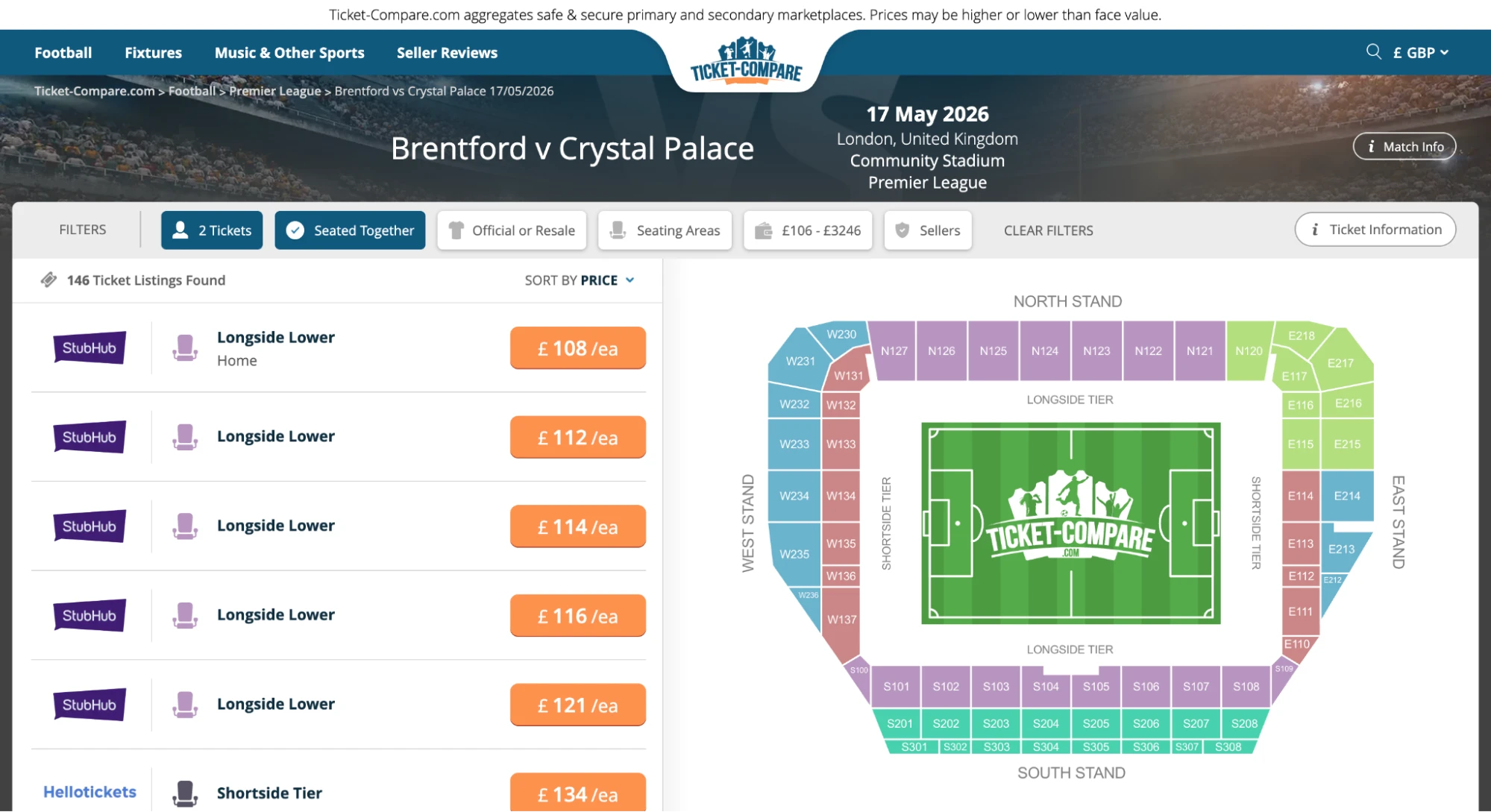 Screenshot of Brentford v Crystal Palace tickets page on Ticket-Compare.com