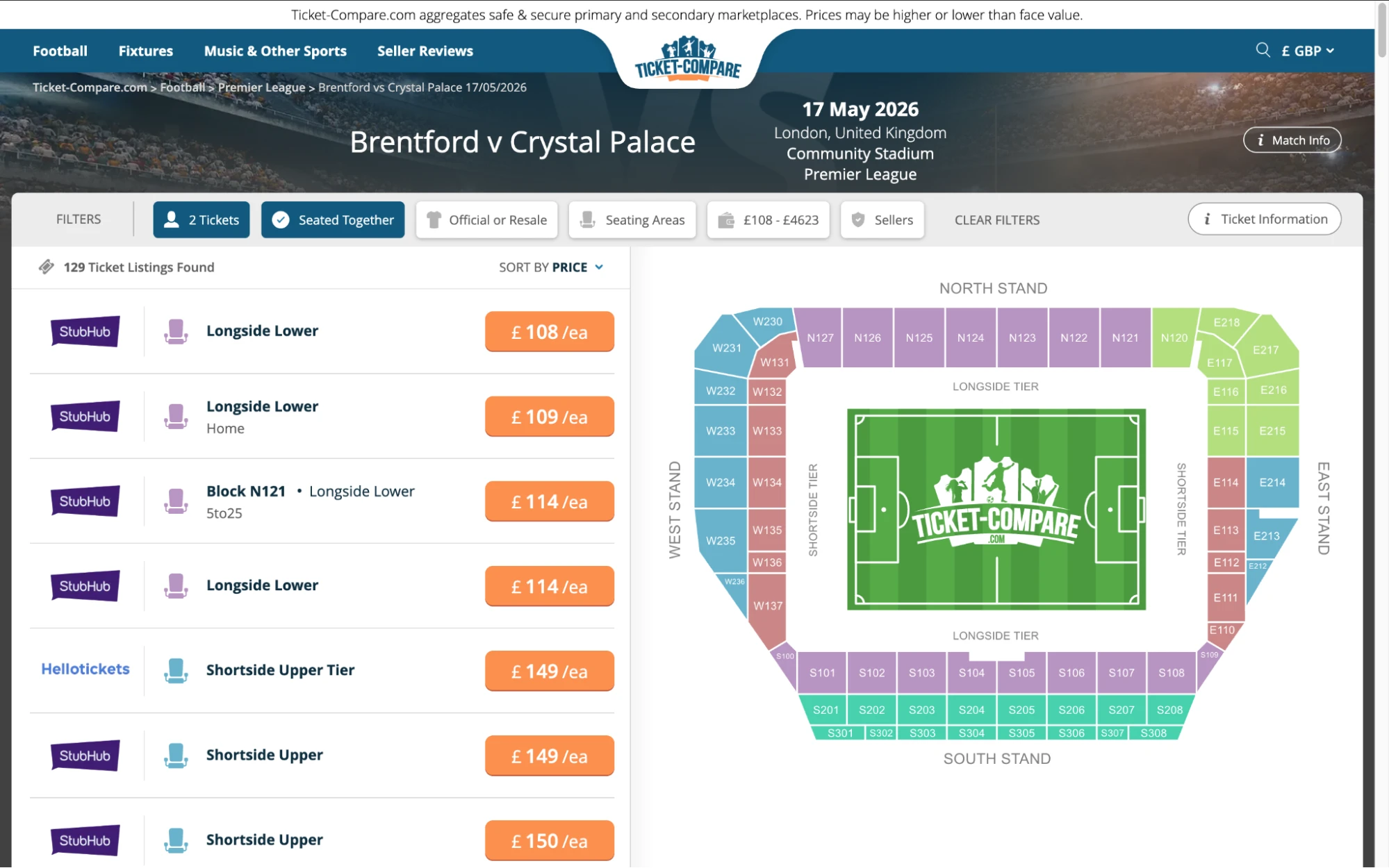 Screenshot of Brentford v Crystal Palace tickets page on Ticket-Compare.com